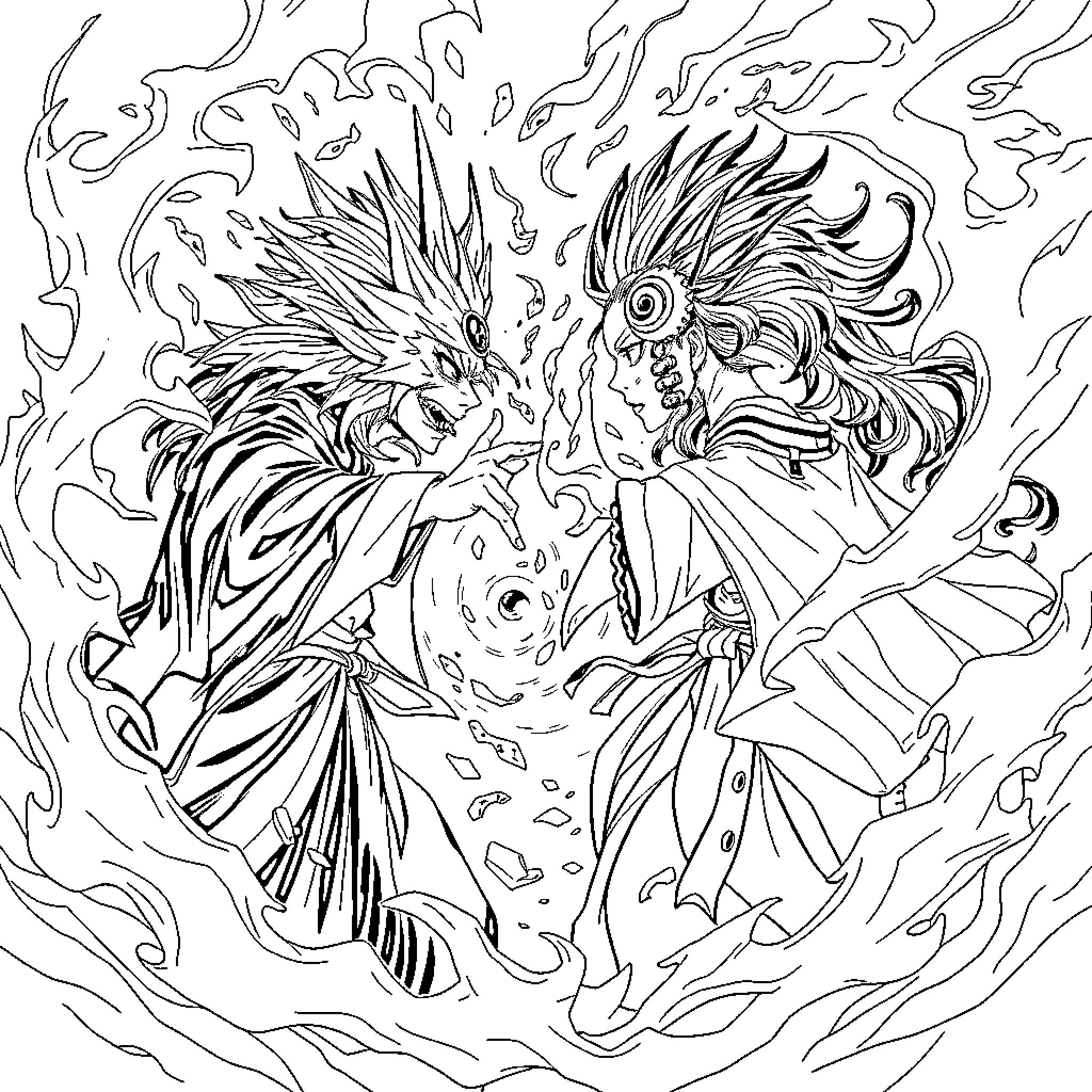 Itadori's Fierce Spiritual Encounter Coloring Page (free black-and-white line drawing printable PDF for all, from beginners to advanced learners, including children, teens, adults, and seniors)