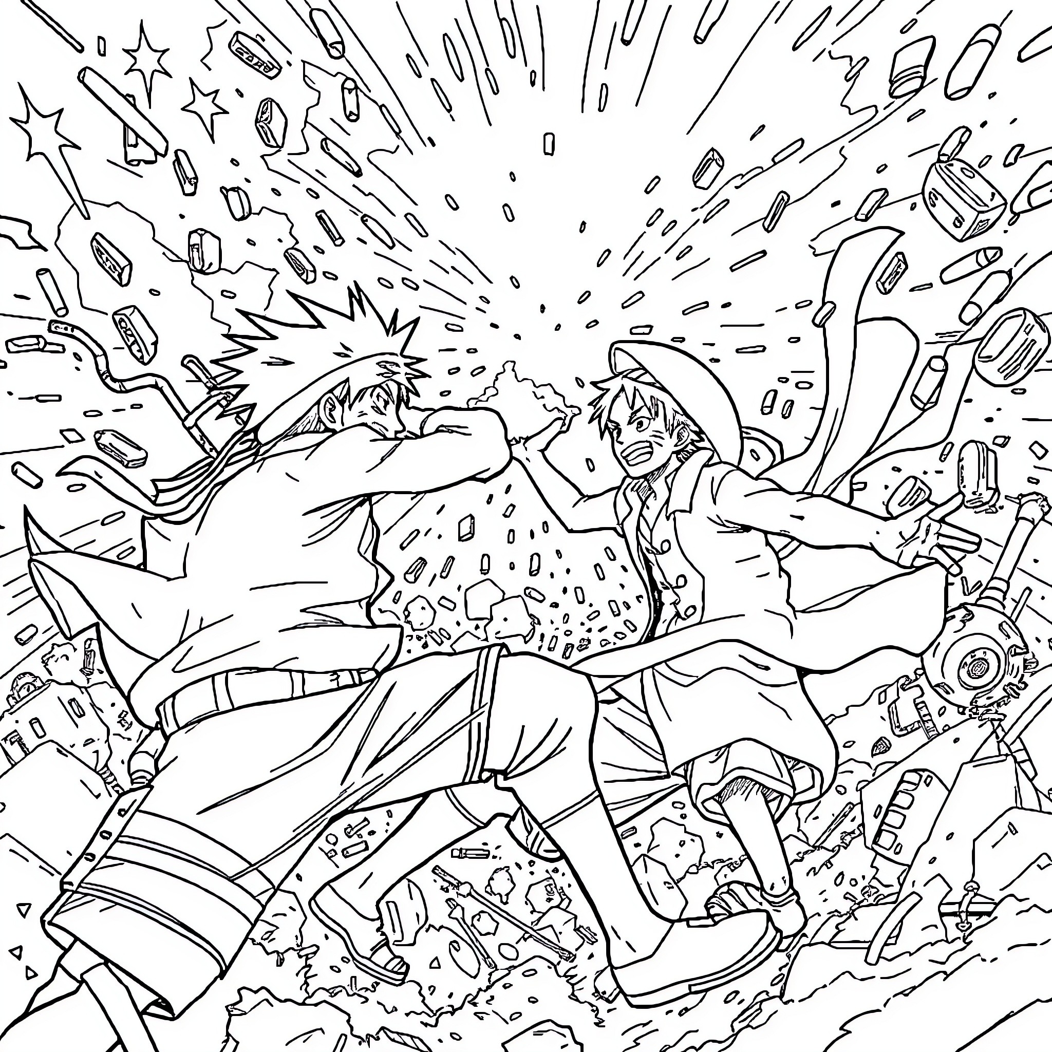 Naruto characters in high-energy battle scene Coloring Page (free black-and-white line drawing printable PDF for all, from beginners to advanced learners, including children, teens, adults, and seniors)