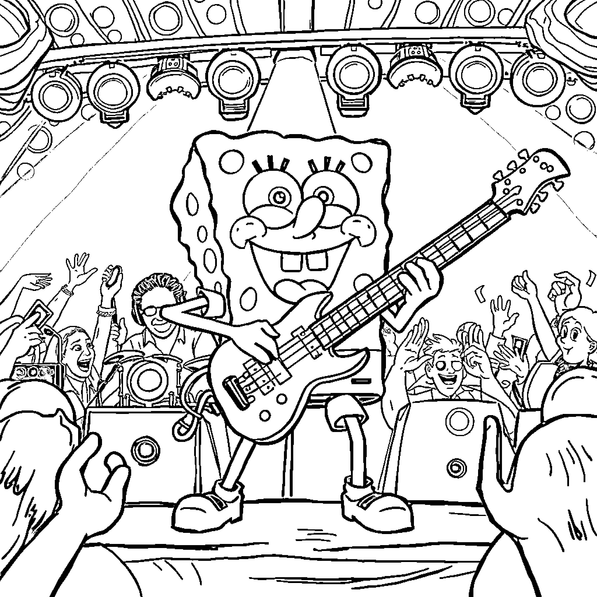 Spongebob rocking out on the stage with fans Coloring Page (free black-and-white line drawing printable PDF for all, from beginners to advanced learners, including children, teens, adults, and seniors)