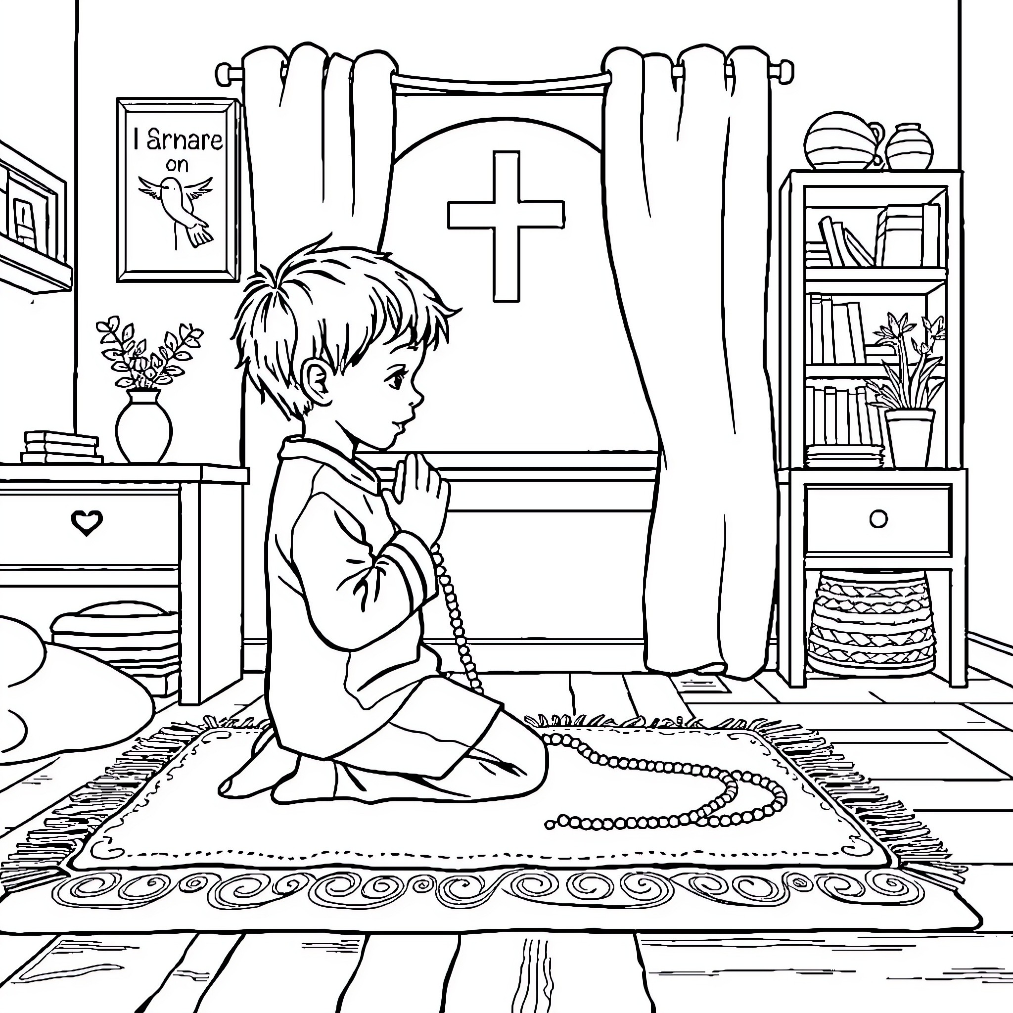 Child praying in a religious setting Coloring Page (free black-and-white line drawing printable PDF for all, from beginners to advanced learners, including children, teens, adults, and seniors)