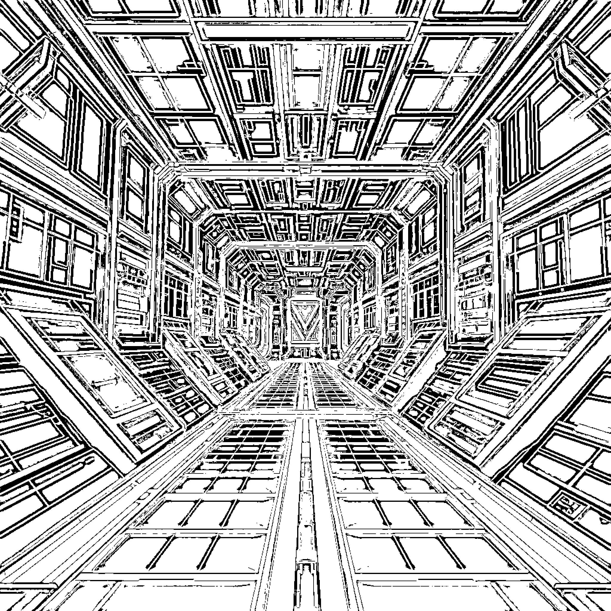 Tron-inspired futuristic corridor with geometric patterns Coloring Page (free black-and-white line drawing printable PDF for all, from beginners to advanced learners, including children, teens, adults, and seniors)