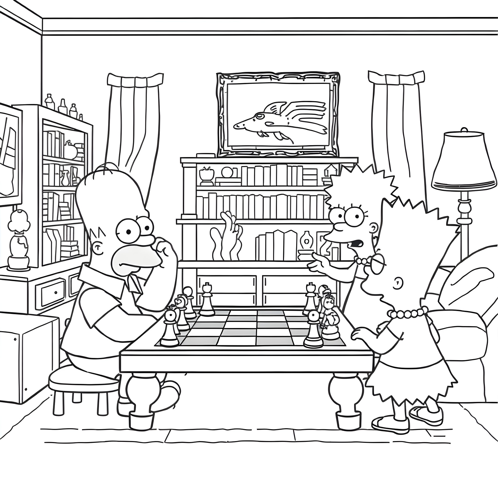 Simpson family playing chess in their cozy living room Coloring Page (free black-and-white line drawing printable PDF for all, from beginners to advanced learners, including children, teens, adults, and seniors)
