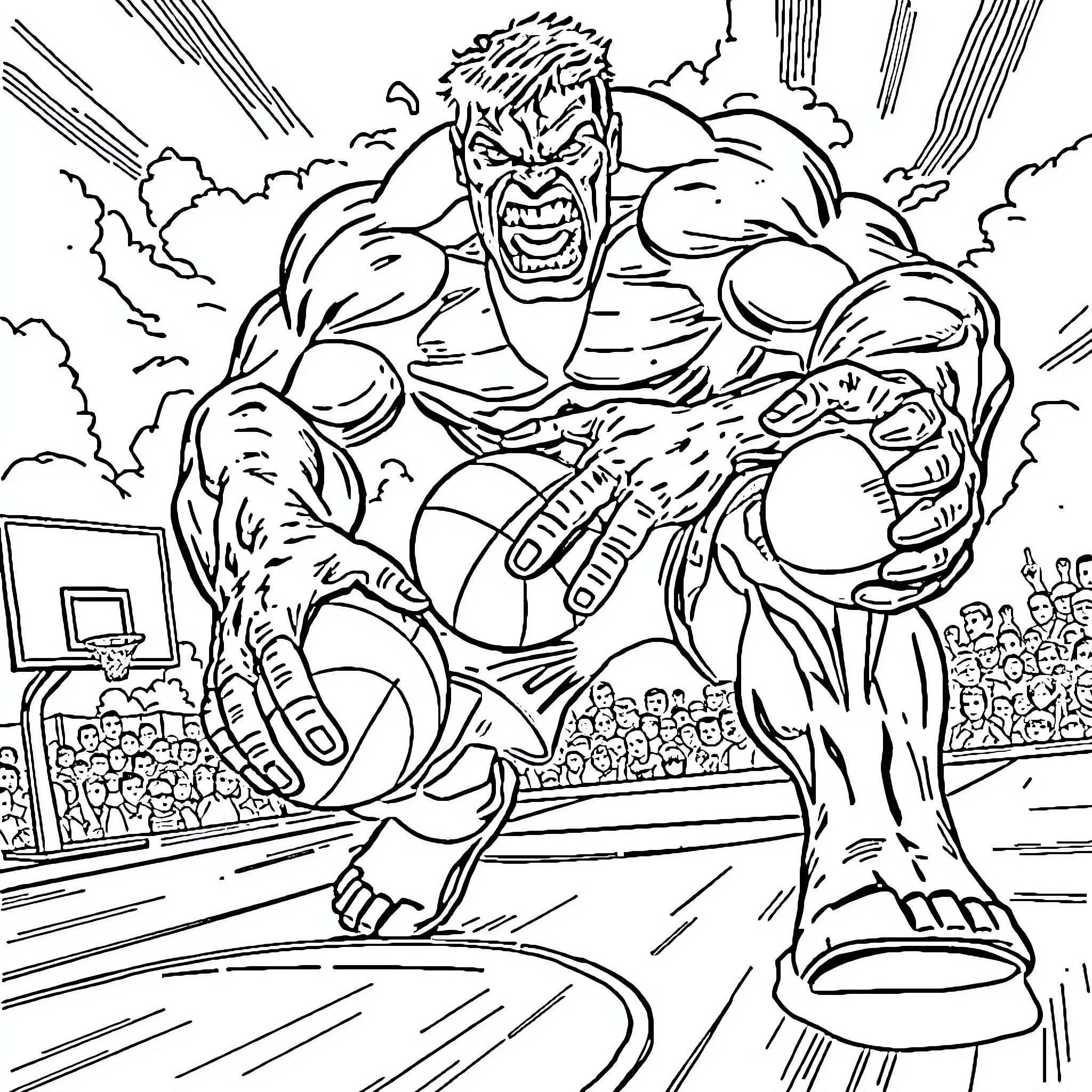 Hulk bursting with power on basketball court Coloring Page (free black-and-white line drawing printable PDF for all, from beginners to advanced learners, including children, teens, adults, and seniors)