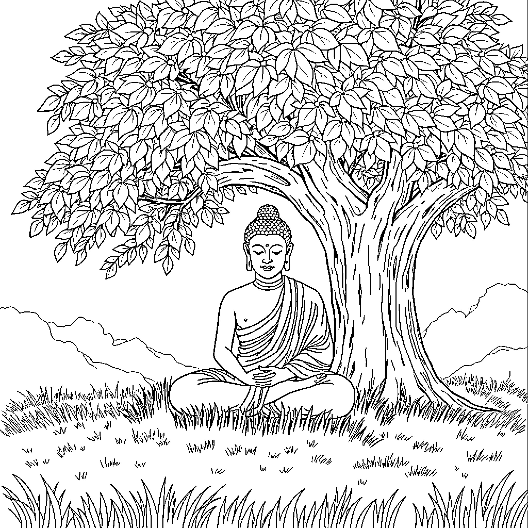 Buddha in meditation under a large tree Coloring Page (free black-and-white line drawing printable PDF for all, from beginners to advanced learners, including children, teens, adults, and seniors)