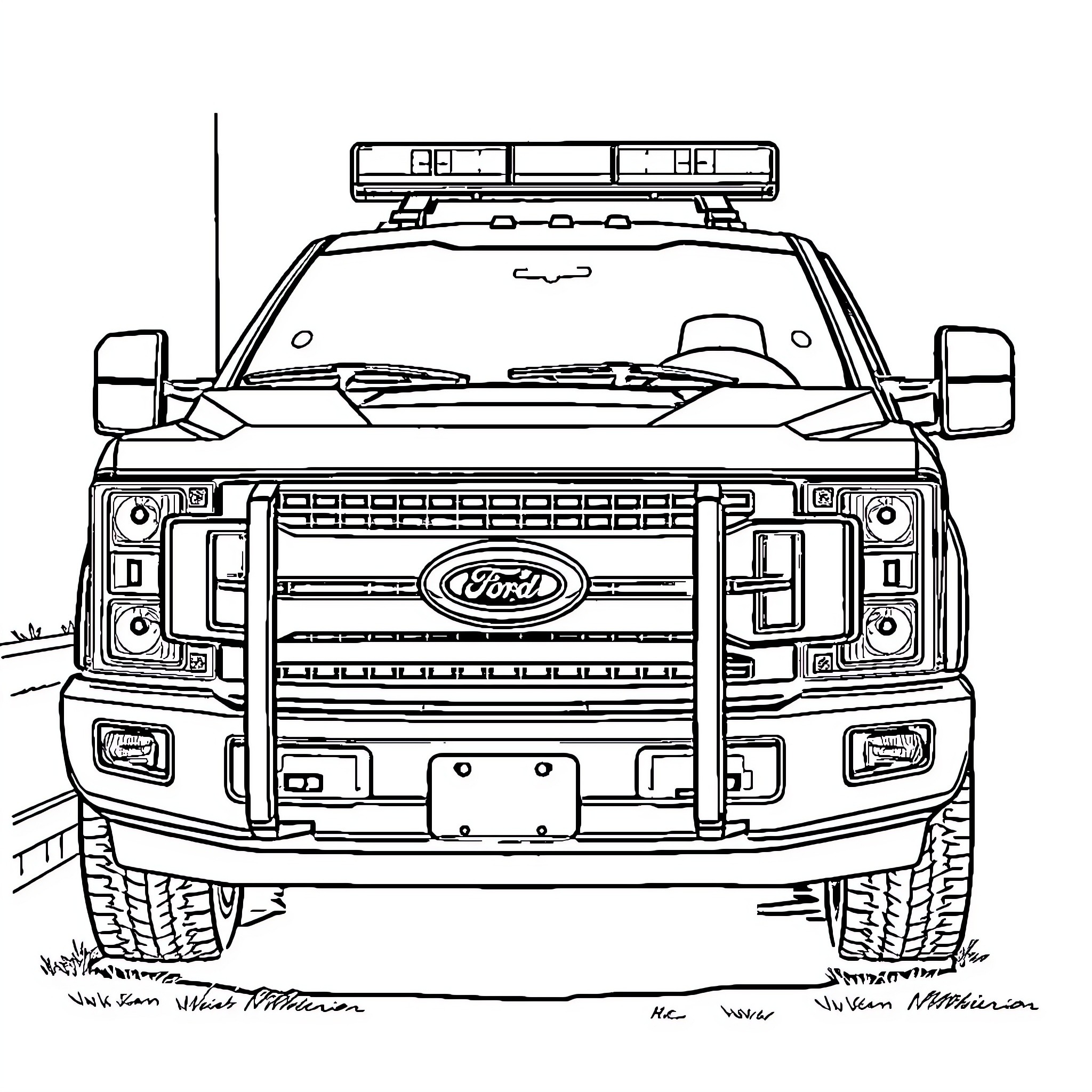 Truck with emergency lights and accessories Coloring Page (free black-and-white line drawing printable PDF for all, from beginners to advanced learners, including children, teens, adults, and seniors)