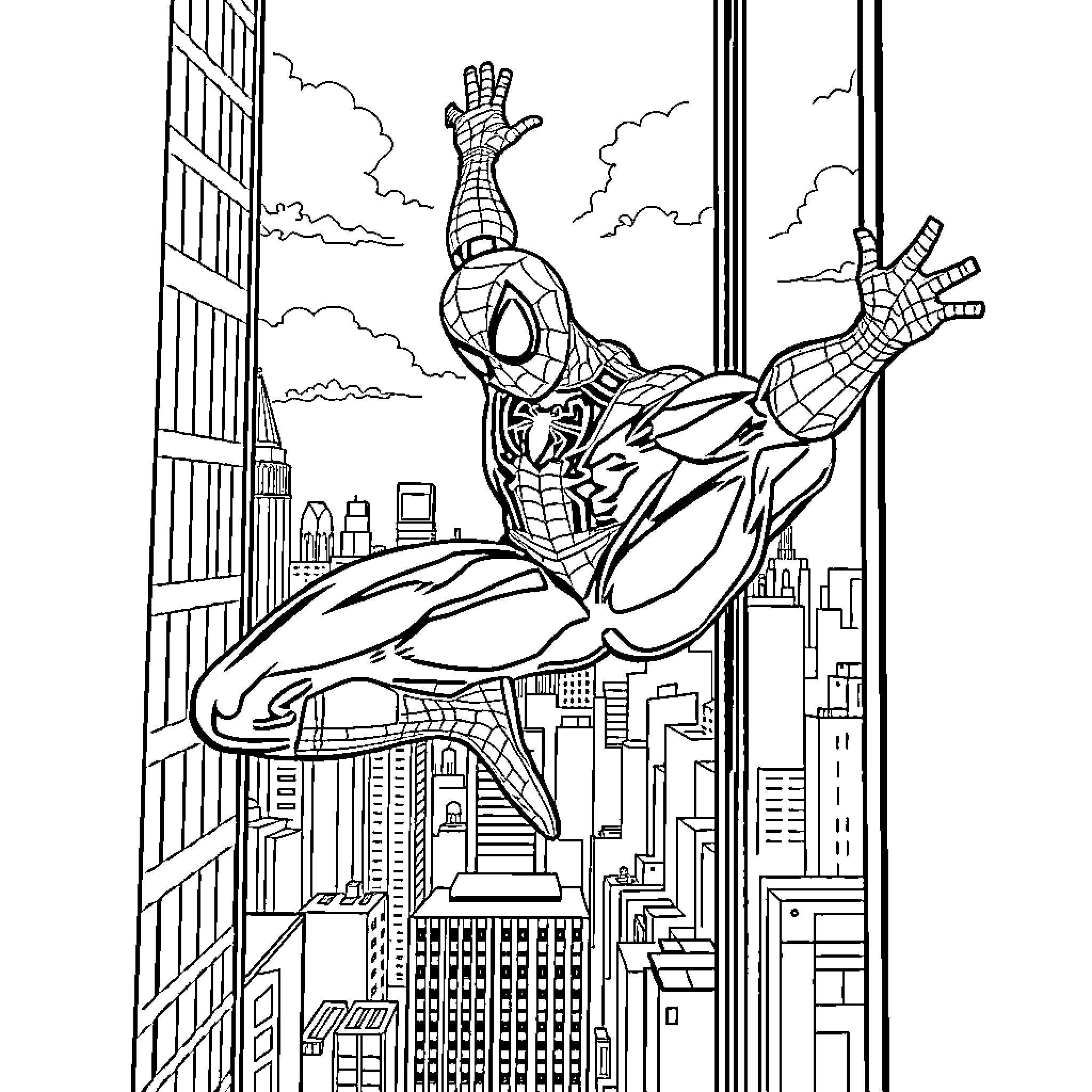 Spider-Man swinging through the city skyline Coloring Page (free black-and-white line drawing printable PDF for all, from beginners to advanced learners, including children, teens, adults, and seniors)