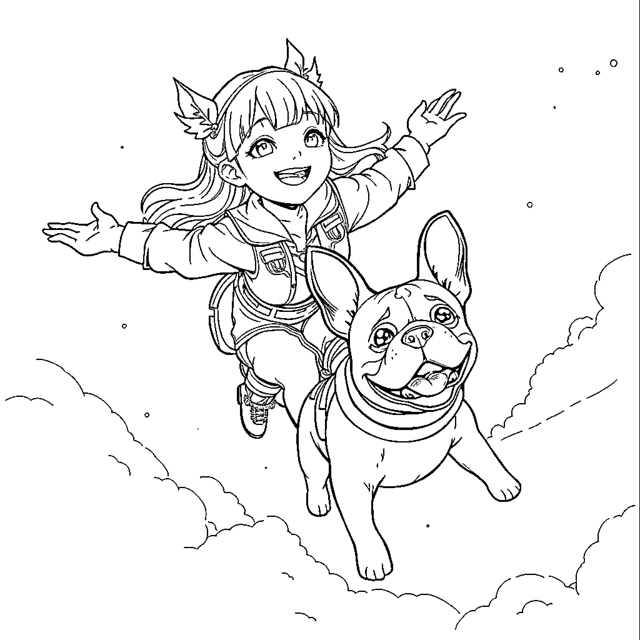 Rumi's joyful adventure with a friendly dog Coloring Page (free black-and-white line drawing printable PDF for all, from beginners to advanced learners, including children, teens, adults, and seniors)