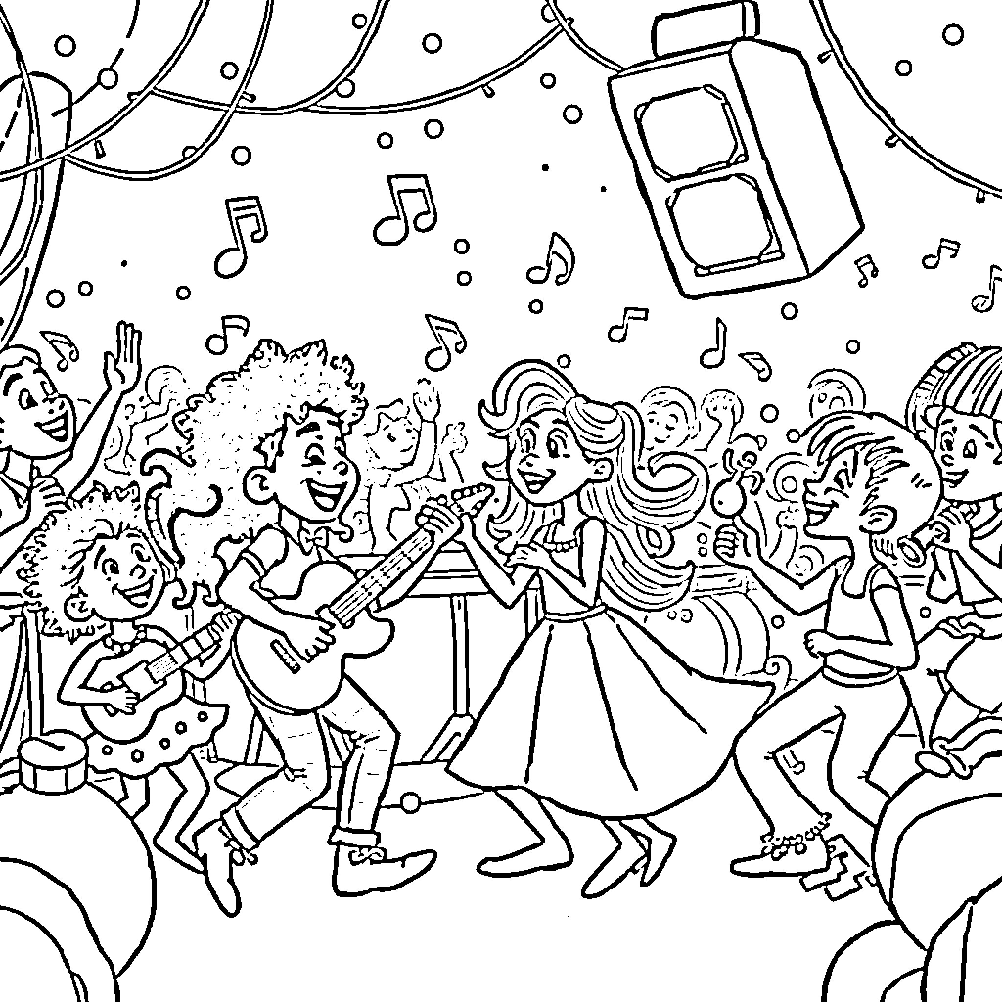 Tralalero: Joyful musical celebration with whimsical characters Coloring Page (free black-and-white line drawing printable PDF for all, from beginners to advanced learners, including children, teens, adults, and seniors)