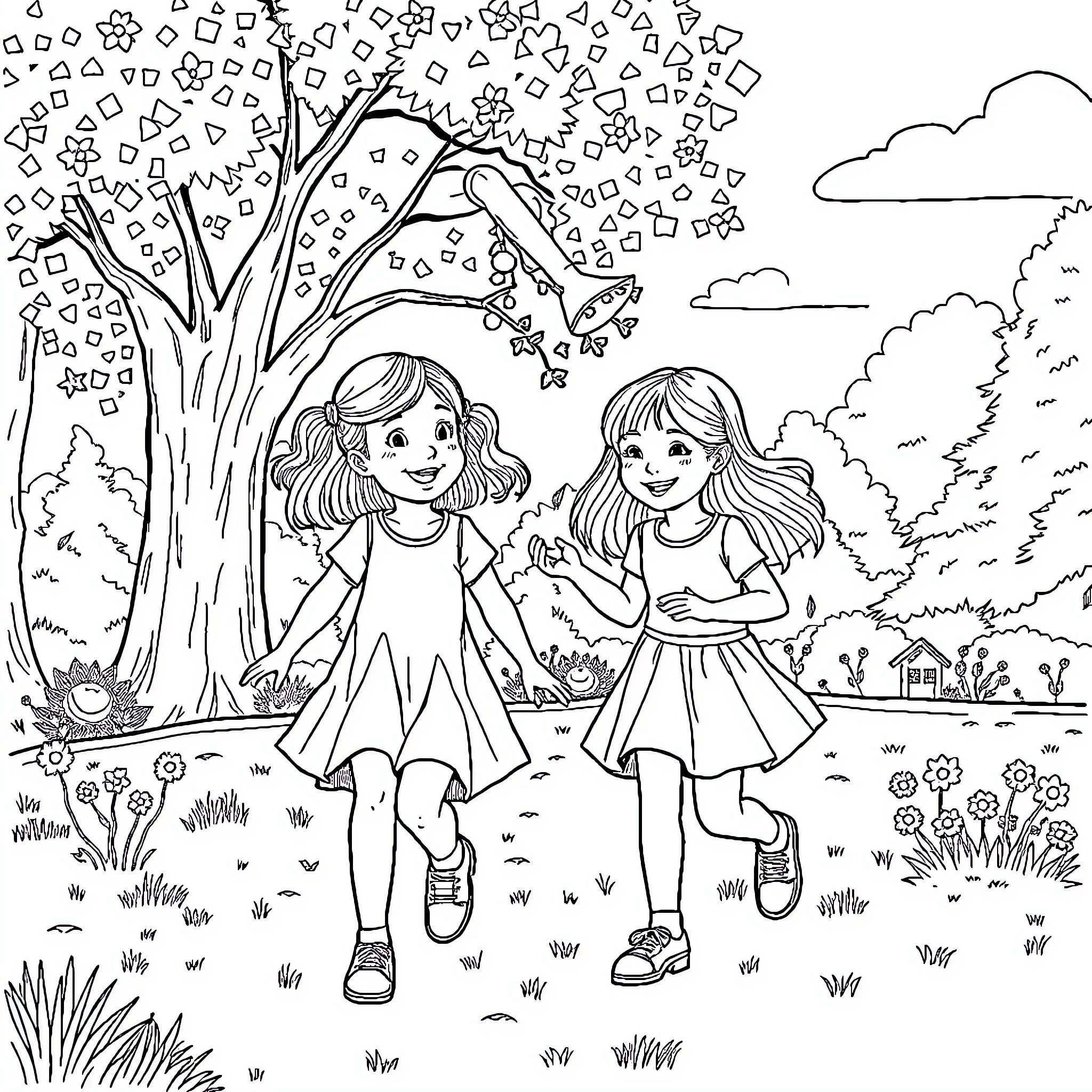Girls exploring the enchanted nature outdoors Coloring Page (free black-and-white line drawing printable PDF for all, from beginners to advanced learners, including children, teens, adults, and seniors)