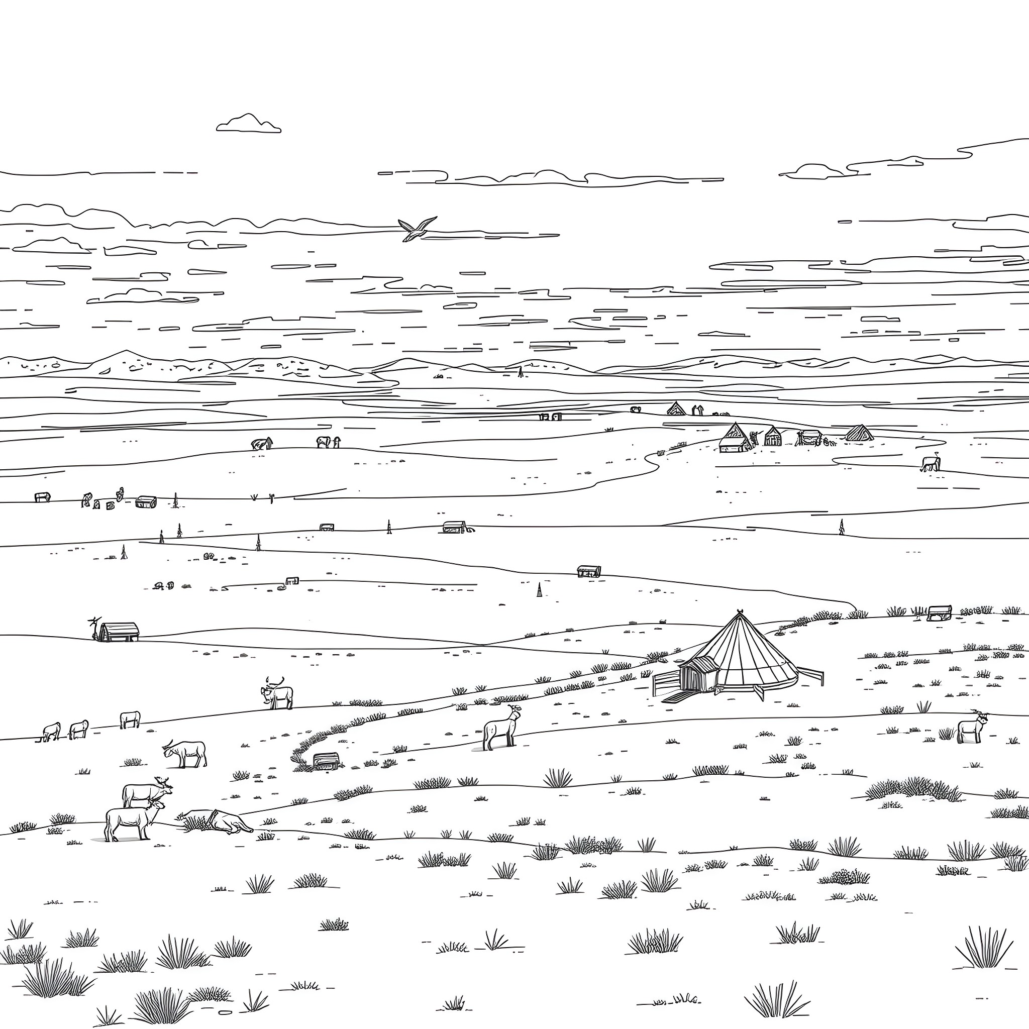 Yamal landscape with tents, vehicles, and wildlife Coloring Page (free black-and-white line drawing printable PDF for all, from beginners to advanced learners, including children, teens, adults, and seniors)