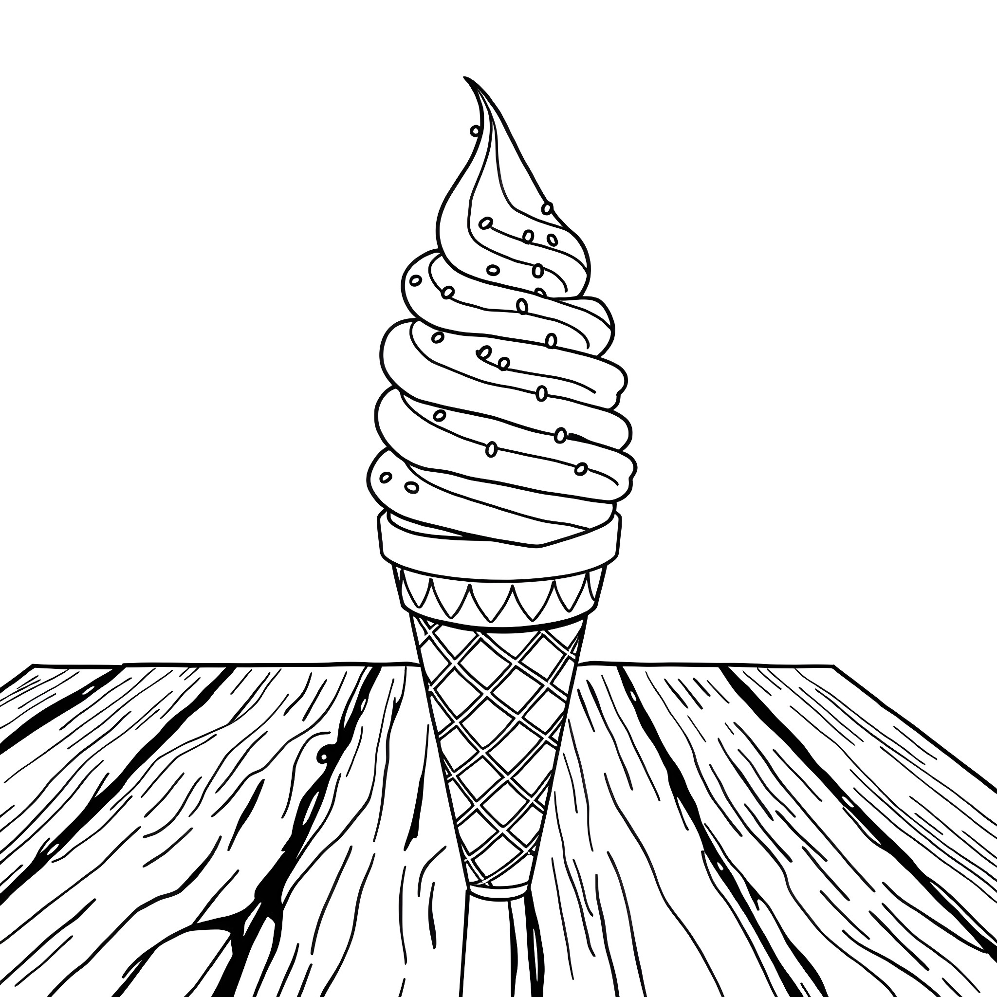 Ice Cream Cone on Wooden Surface Coloring Page (free black-and-white line drawing printable PDF for all, from beginners to advanced learners, including children, teens, adults, and seniors)