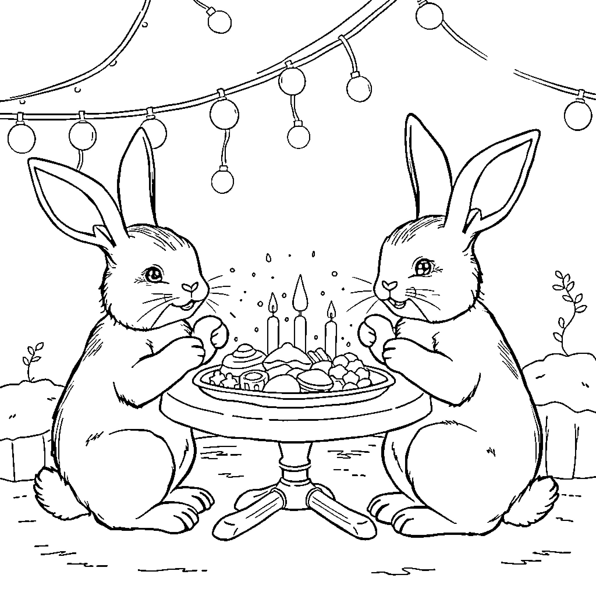 Bunny friends celebrating with candles and treats Coloring Page (free black-and-white line drawing printable PDF for all, from beginners to advanced learners, including children, teens, adults, and seniors)