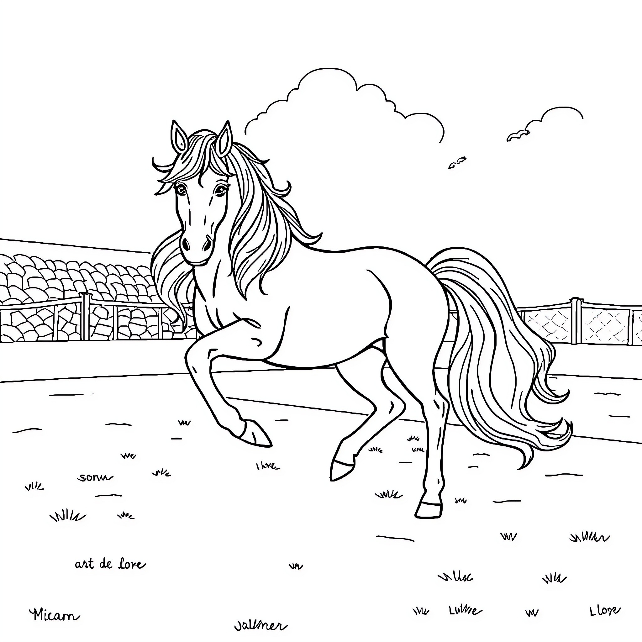 Unicorn galloping through a peaceful landscape Coloring Page (free black-and-white line drawing printable PDF for all, from beginners to advanced learners, including children, teens, adults, and seniors)
