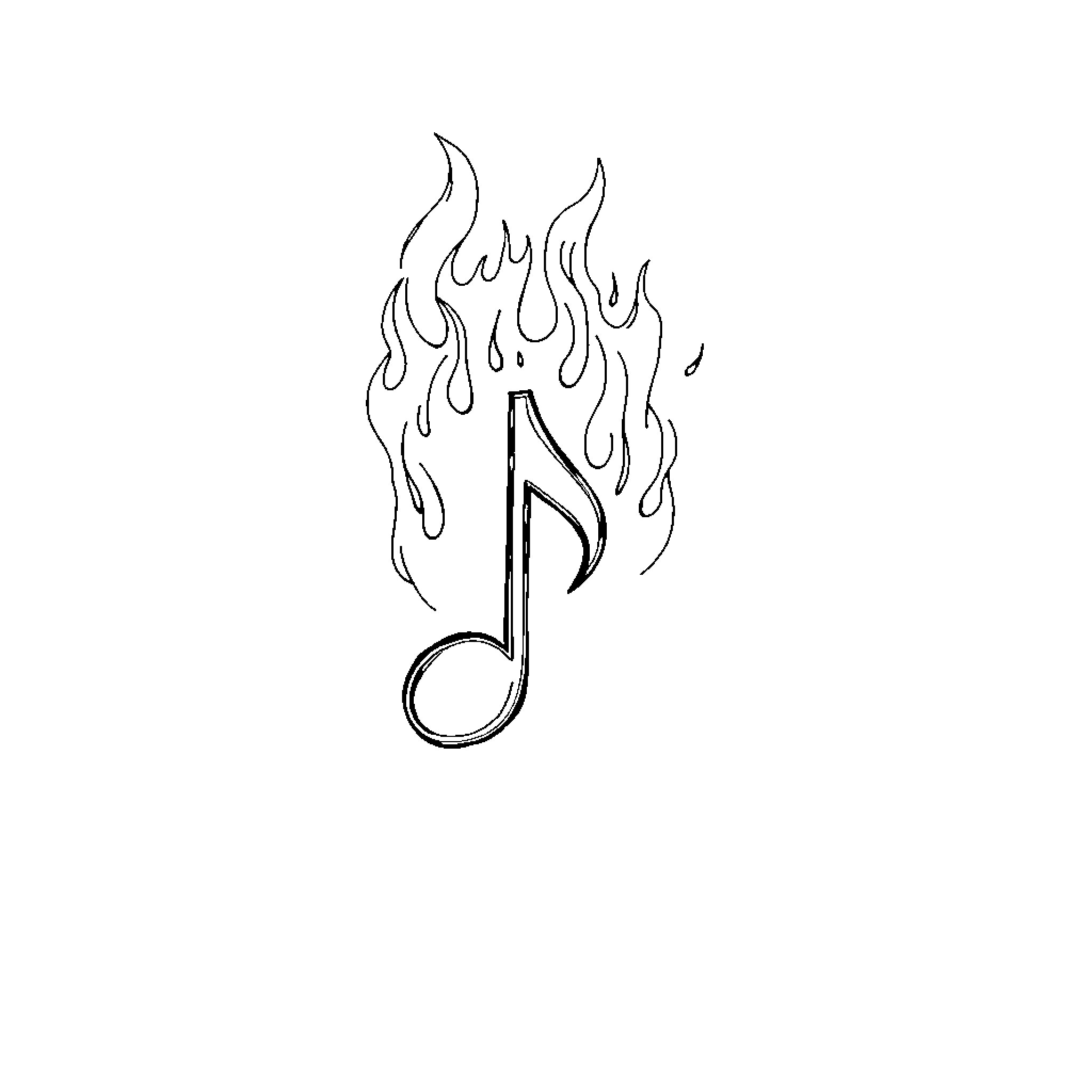 Music Note on Fiery Flames Coloring Page (free black-and-white line drawing printable PDF for all, from beginners to advanced learners, including children, teens, adults, and seniors)