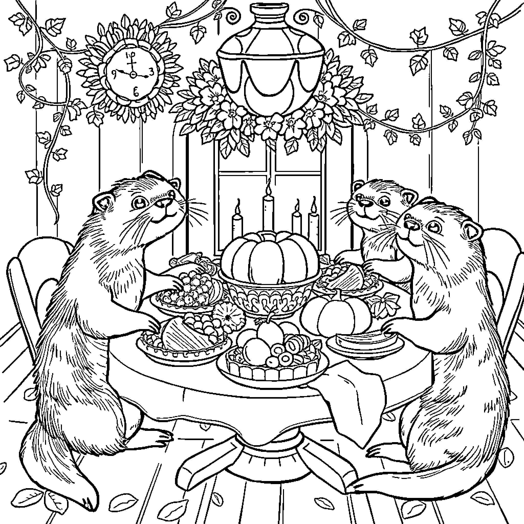 Otters Enjoying a Festive Meal Together Coloring Page (free black-and-white line drawing printable PDF for all, from beginners to advanced learners, including children, teens, adults, and seniors)