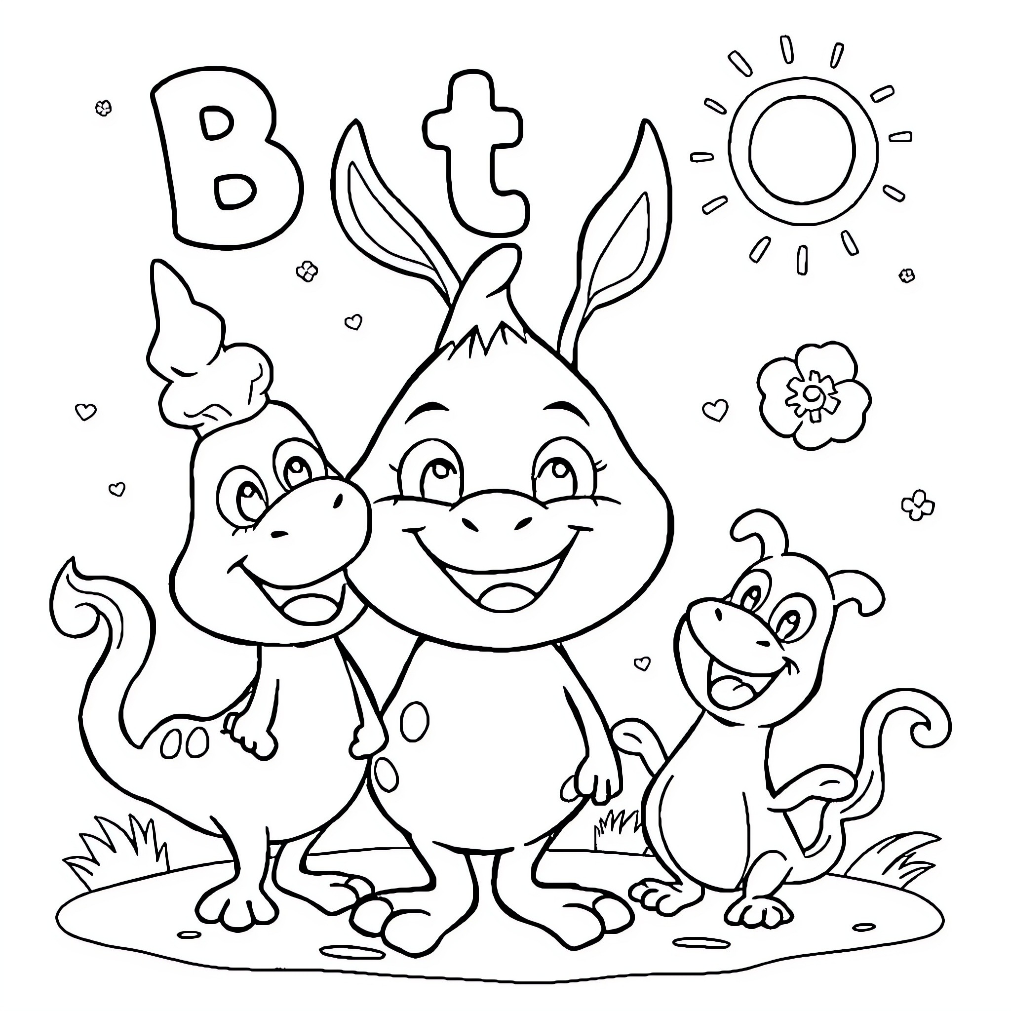Betzi's Playful Animal Friends Coloring Page (free black-and-white line drawing printable PDF for all, from beginners to advanced learners, including children, teens, adults, and seniors)