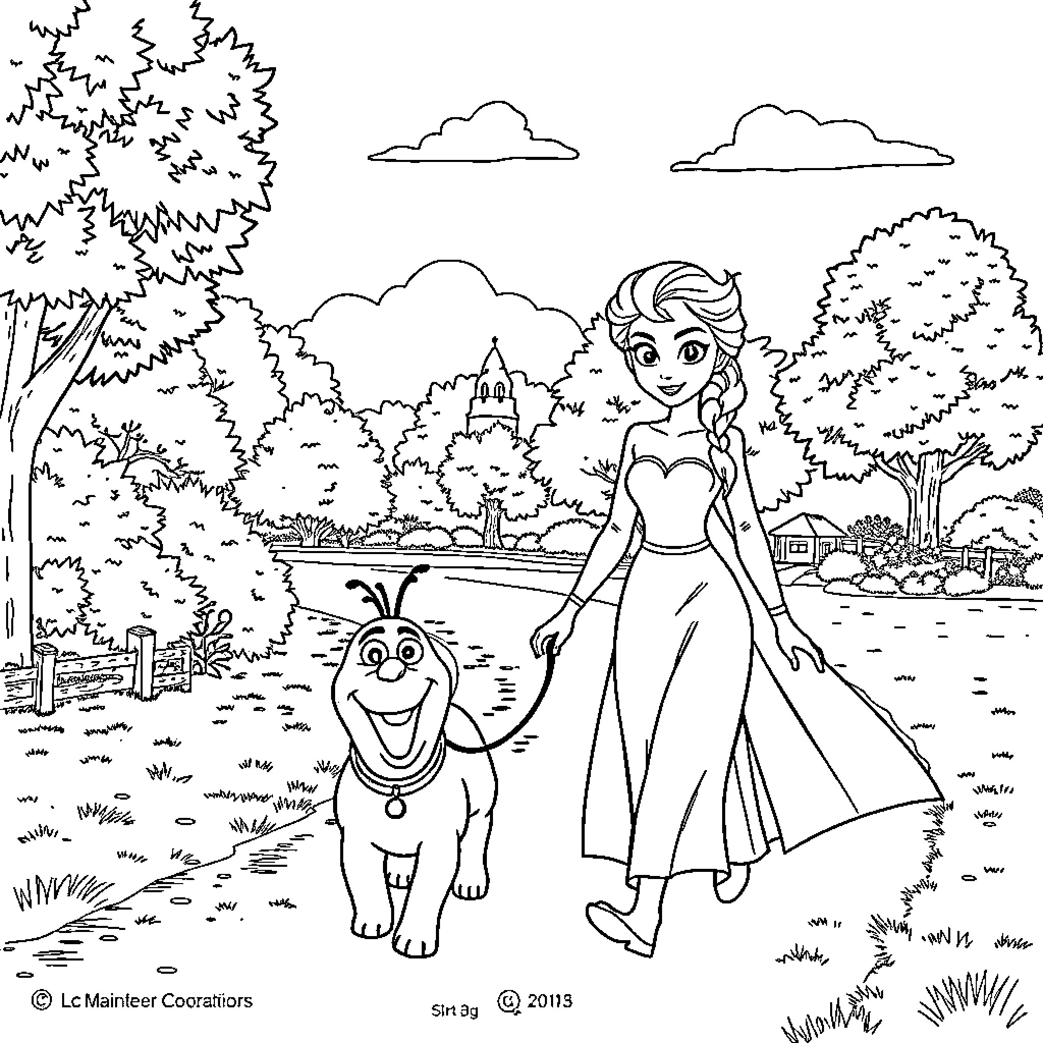 Elsa enjoying a peaceful stroll with Olaf in a forest landscape Coloring Page (free black-and-white line drawing printable PDF for all, from beginners to advanced learners, including children, teens, adults, and seniors)
