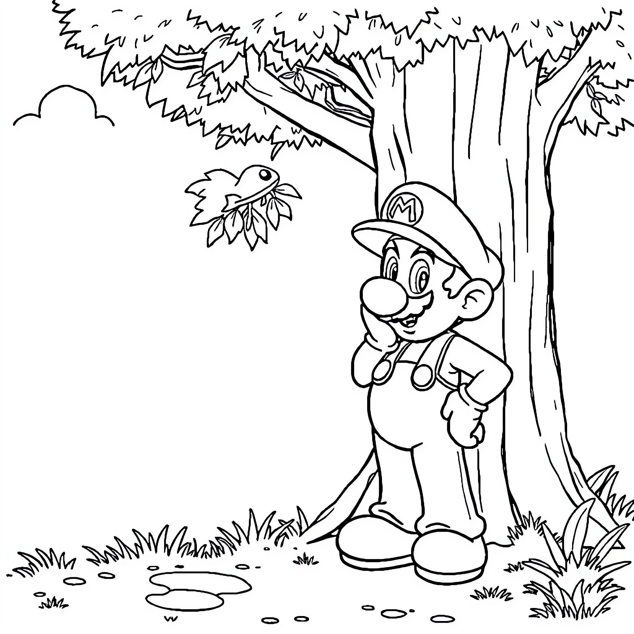 Mario exploring the forest with a bird Coloring Page (free black-and-white line drawing printable PDF for all, from beginners to advanced learners, including children, teens, adults, and seniors)