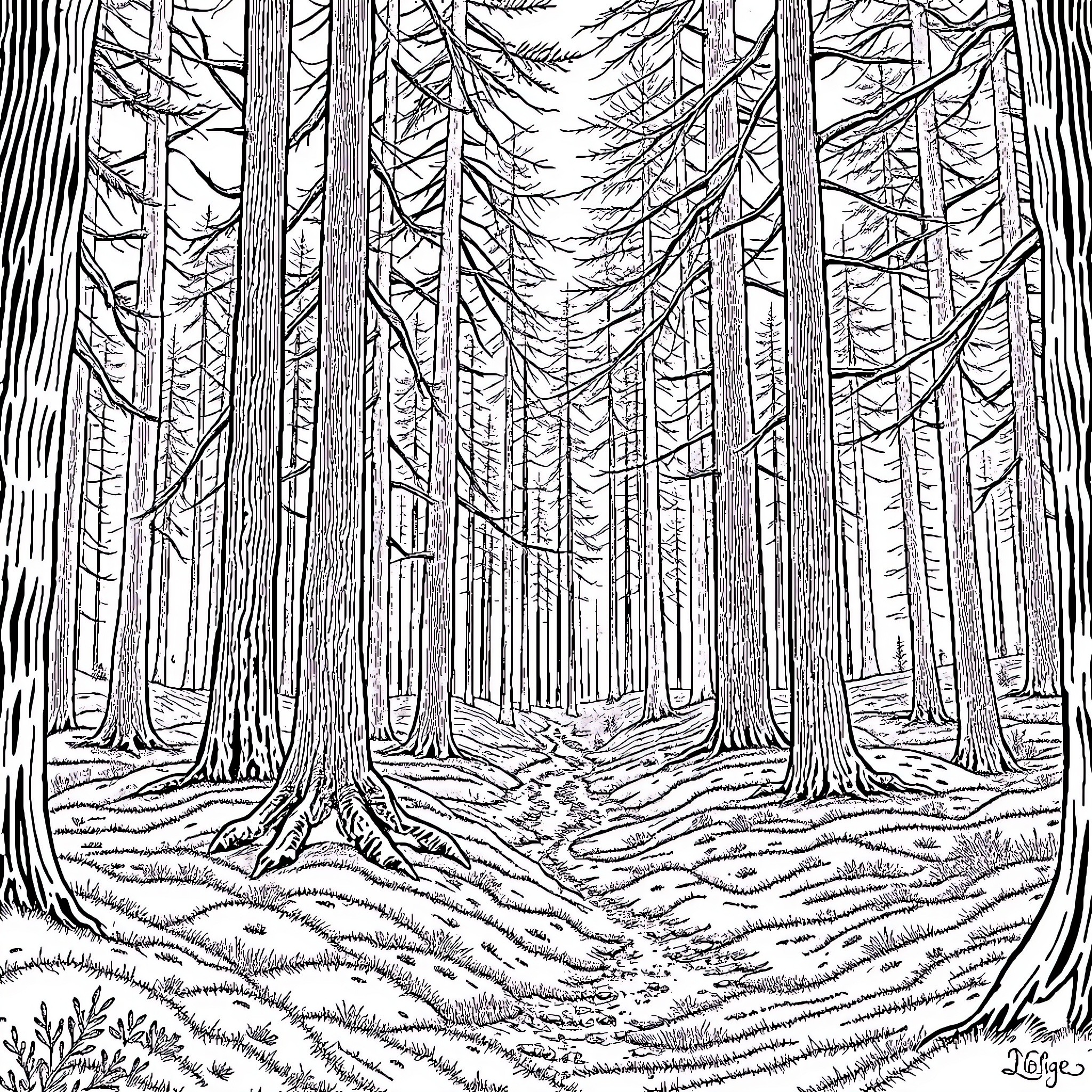 Forest Tranquility: Serene Wilderness Scene Coloring Page (free black-and-white line drawing printable PDF for all, from beginners to advanced learners, including children, teens, adults, and seniors)