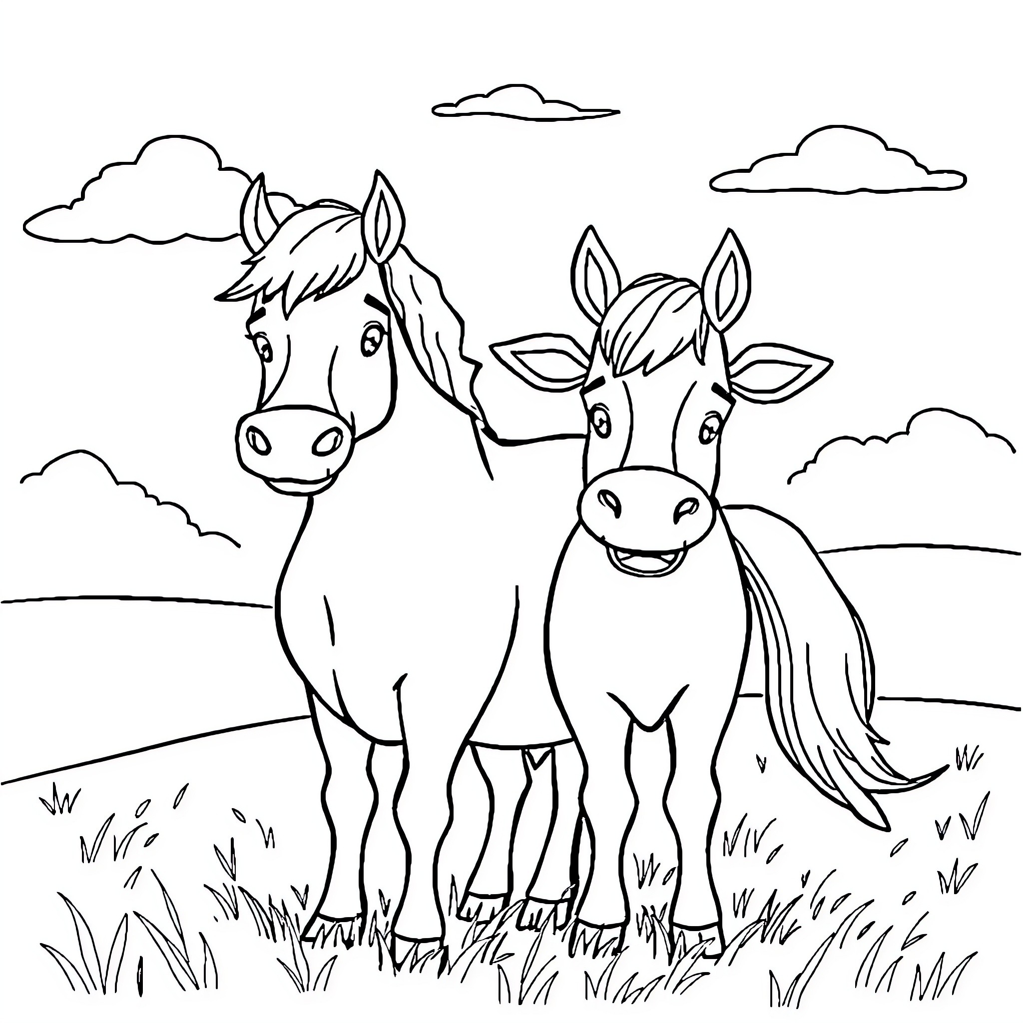 Cow friends enjoying the countryside Coloring Page (free black-and-white line drawing printable PDF for all, from beginners to advanced learners, including children, teens, adults, and seniors)