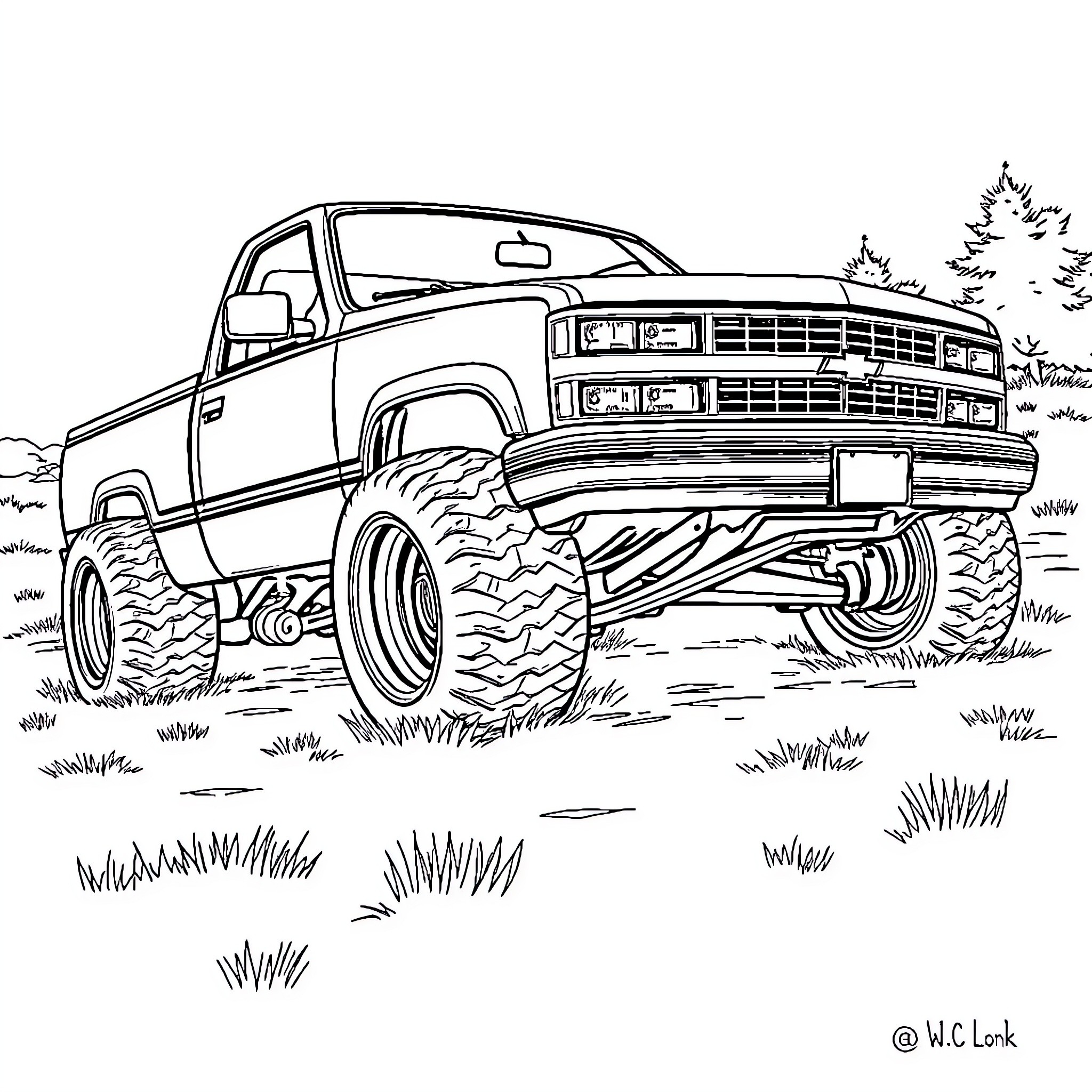 Chevy off-road truck in rugged terrain Coloring Page (free black-and-white line drawing printable PDF for all, from beginners to advanced learners, including children, teens, adults, and seniors)