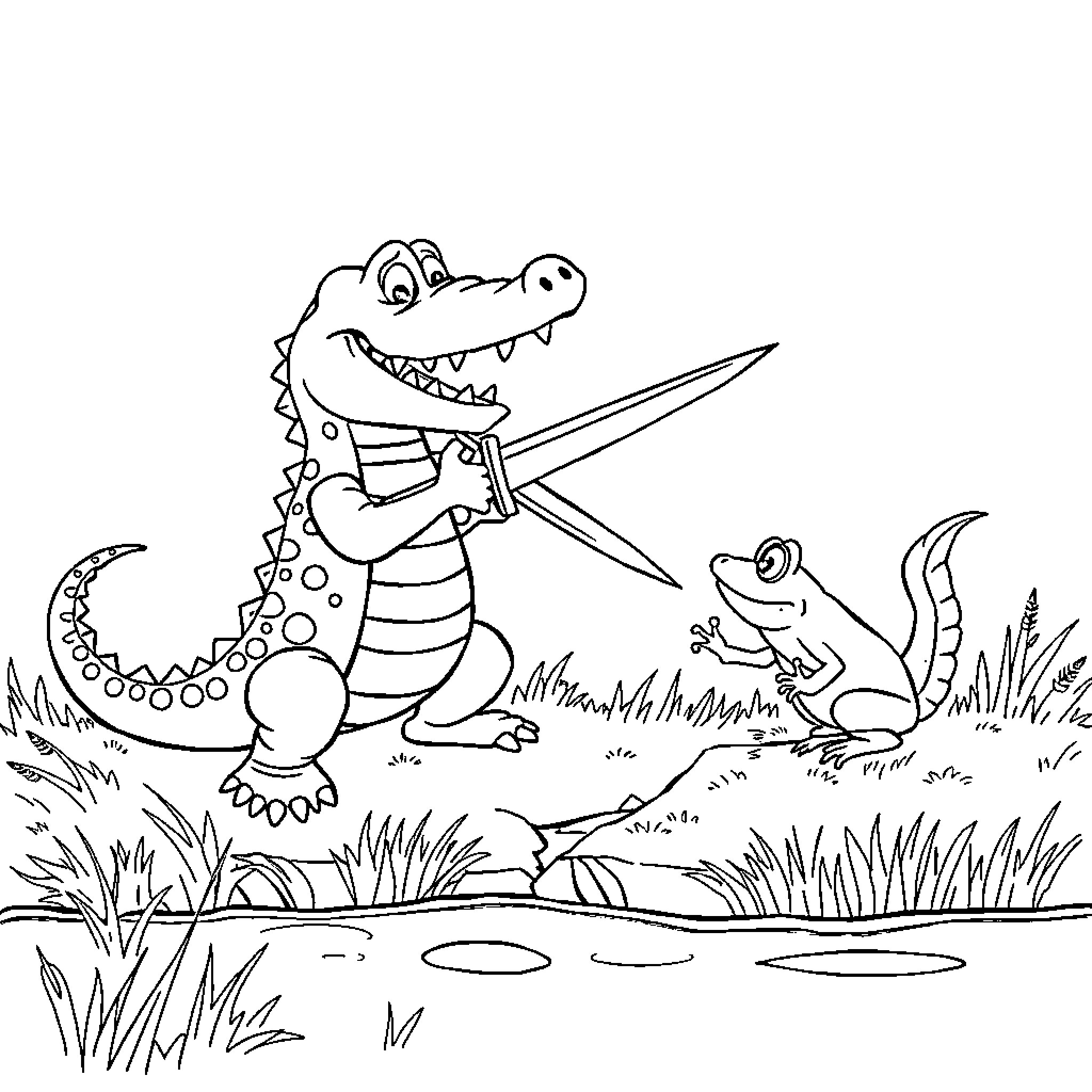 Alligator and Frog Playful Encounter in Nature Coloring Page (free black-and-white line drawing printable PDF for all, from beginners to advanced learners, including children, teens, adults, and seniors)