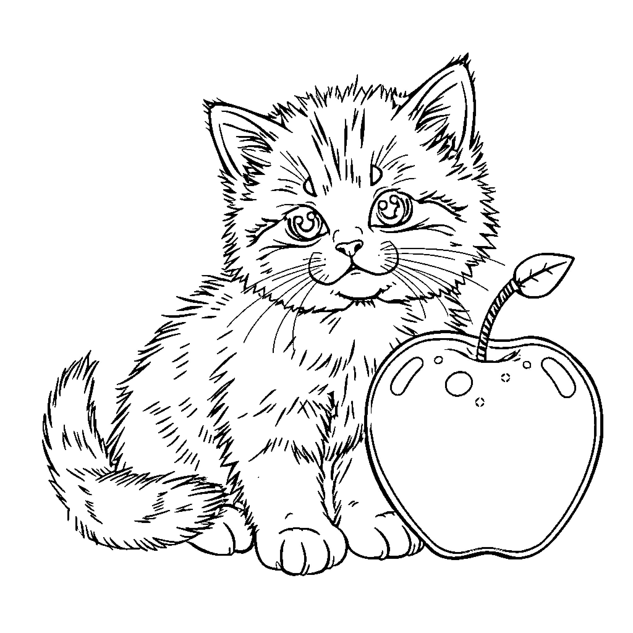 Kitten playing with an apple Coloring Page (free black-and-white line drawing printable PDF for all, from beginners to advanced learners, including children, teens, adults, and seniors)