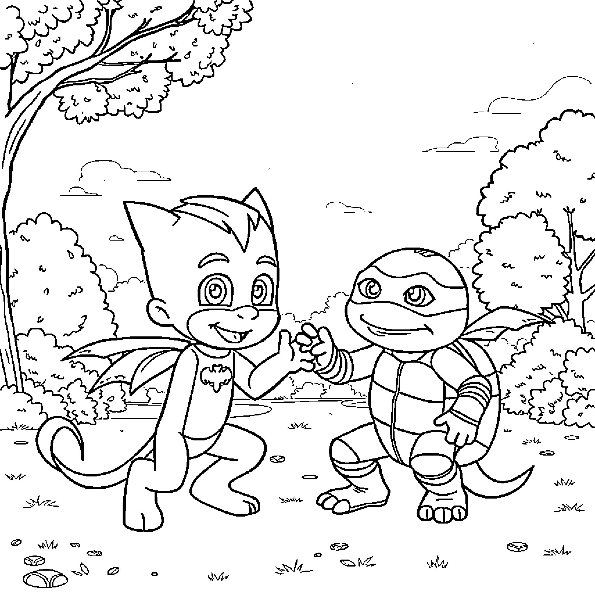 Gecko characters playing in outdoor scene Coloring Page (free black-and-white line drawing printable PDF for all, from beginners to advanced learners, including children, teens, adults, and seniors)