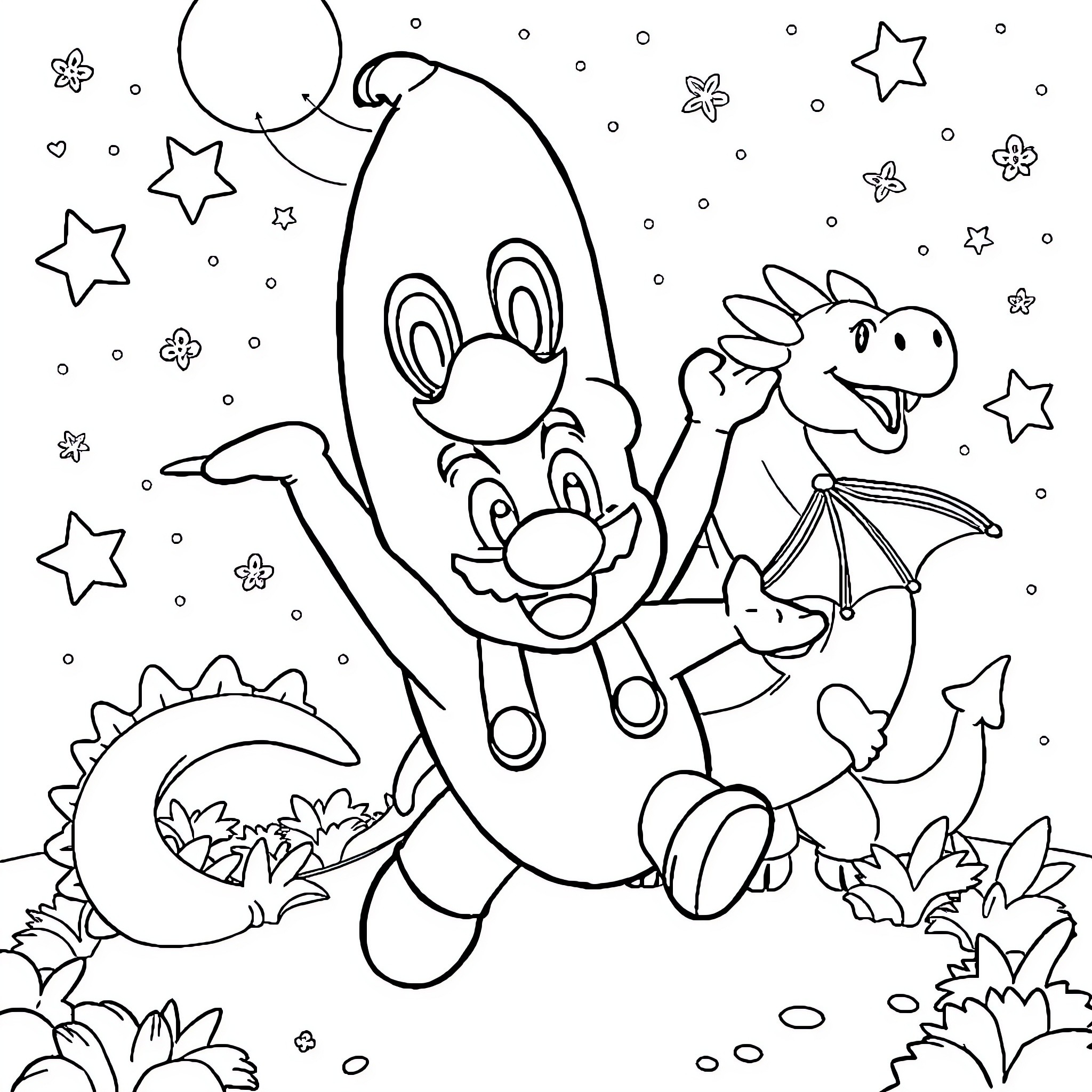 Banana characters exploring a fantasy world Coloring Page (free black-and-white line drawing printable PDF for all, from beginners to advanced learners, including children, teens, adults, and seniors)