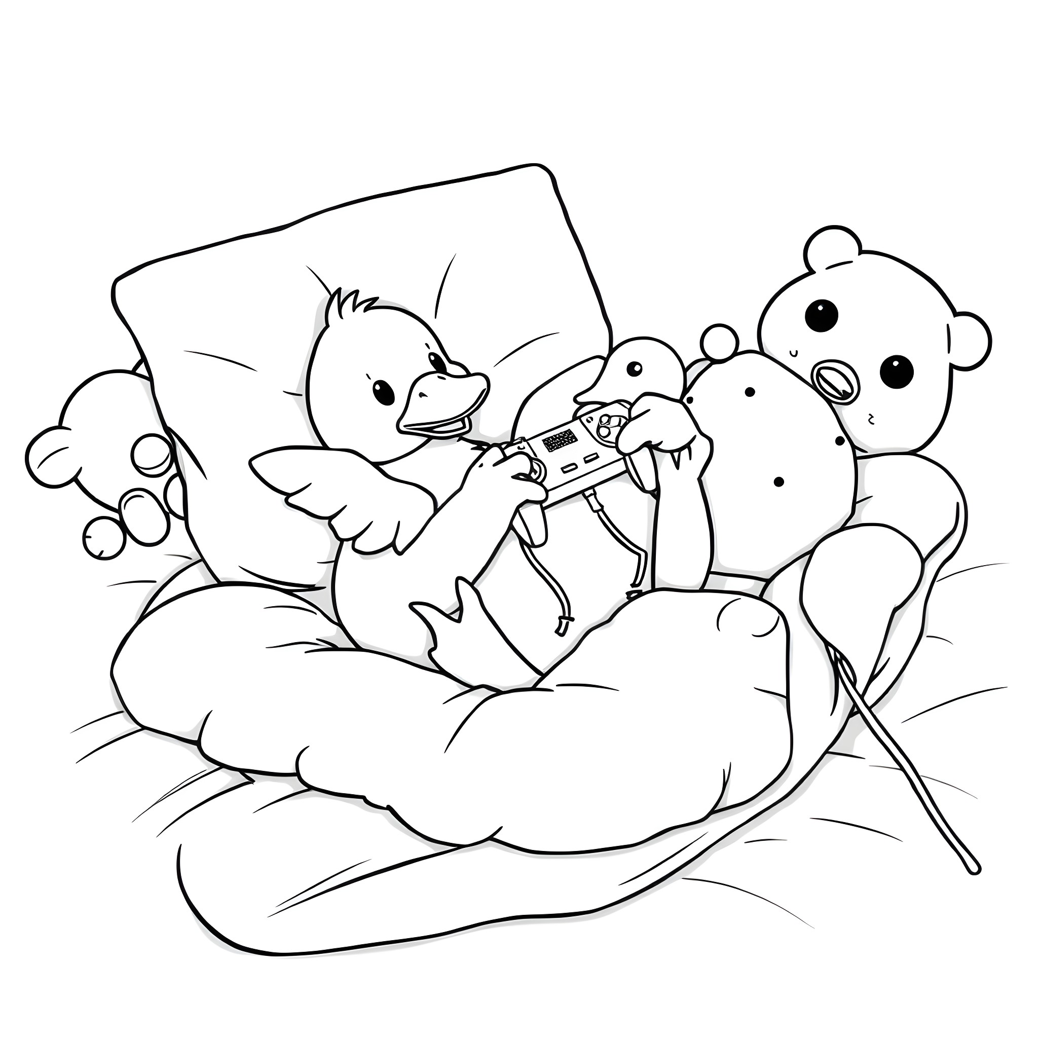 Duck and Friends Playing Together Coloring Page (free black-and-white line drawing printable PDF for all, from beginners to advanced learners, including children, teens, adults, and seniors)