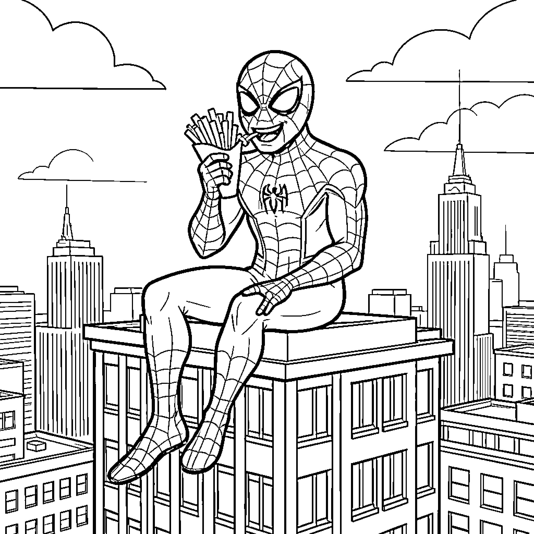 Spiderman sitting on a rooftop eating french fries Coloring Page (free black-and-white line drawing printable PDF for all, from beginners to advanced learners, including children, teens, adults, and seniors)