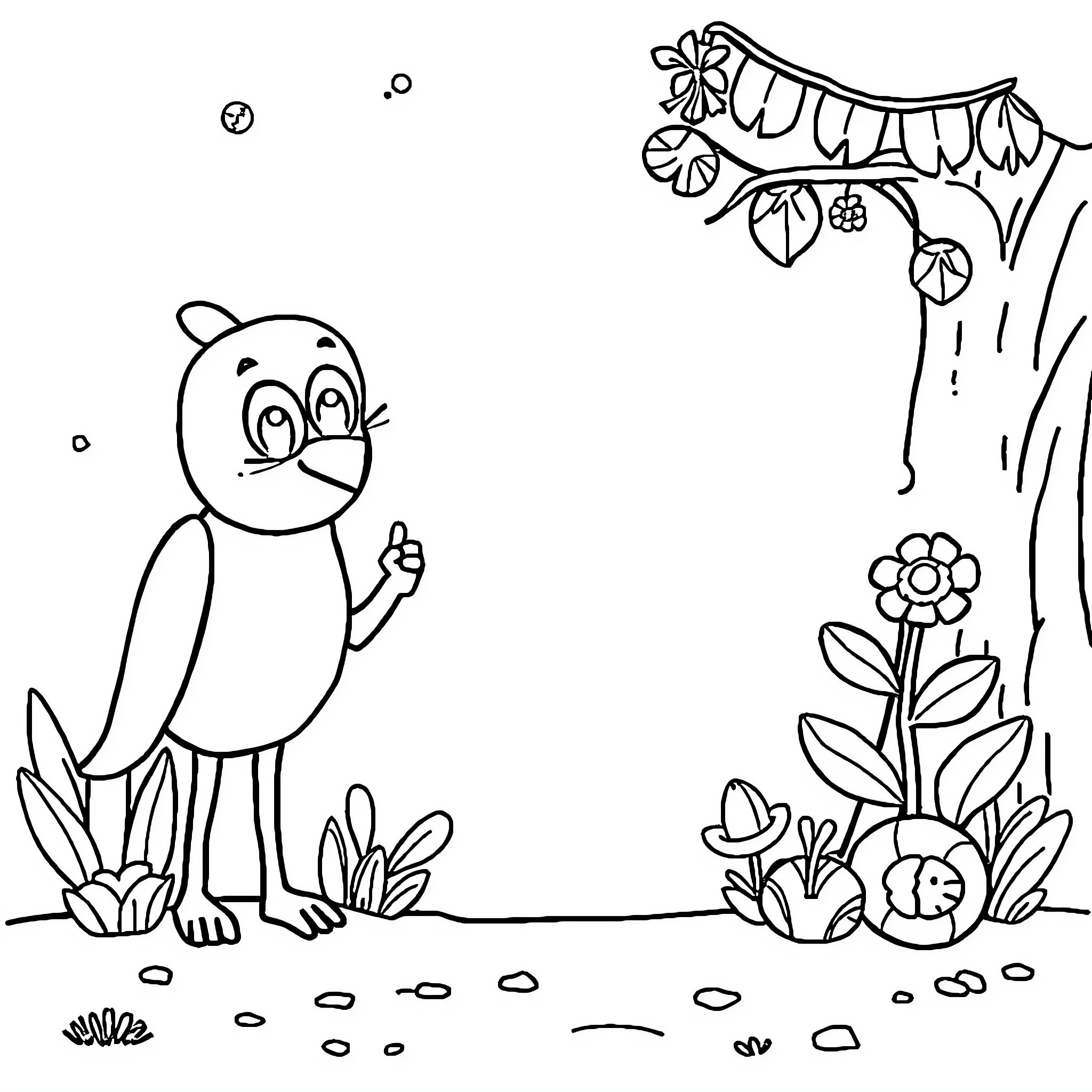 Kids explore nature's wonders in a whimsical garden Coloring Page (free black-and-white line drawing printable PDF for all, from beginners to advanced learners, including children, teens, adults, and seniors)