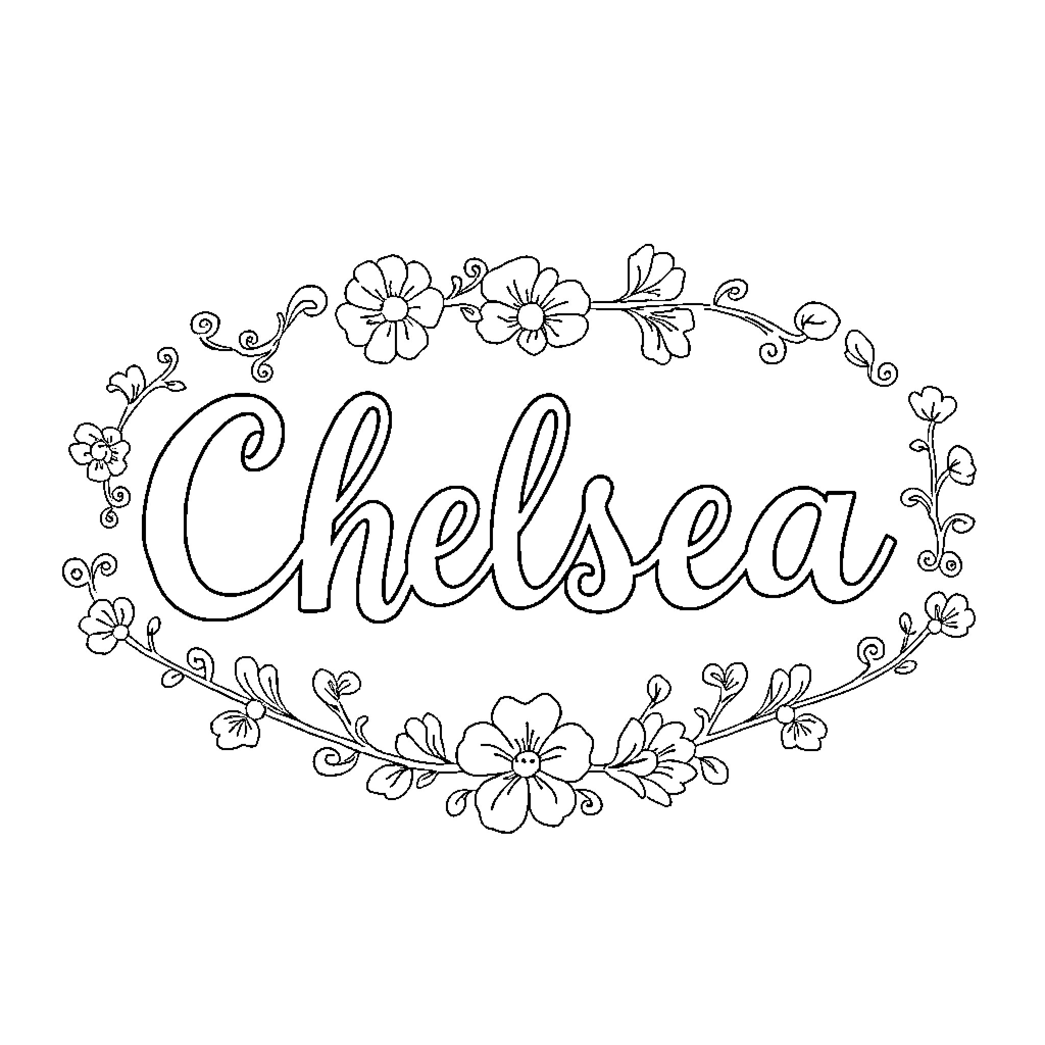 Chelsea in a floral frame Coloring Page (free black-and-white line drawing printable PDF for all, from beginners to advanced learners, including children, teens, adults, and seniors)