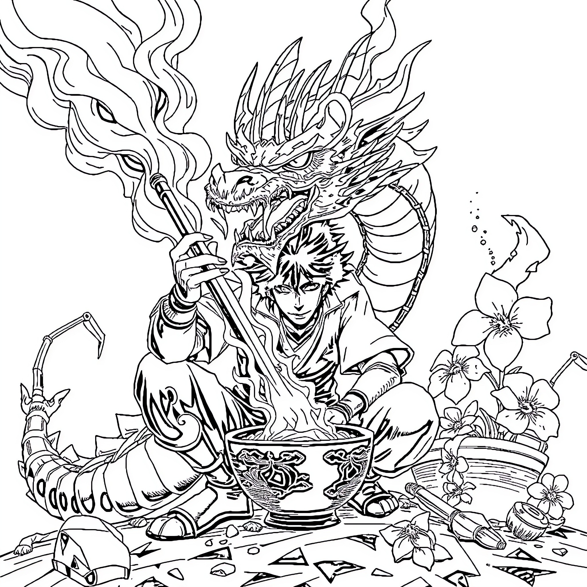 Tenjiro's Ethereal Adventure with Dragon Spirit Coloring Page (free black-and-white line drawing printable PDF for all, from beginners to advanced learners, including children, teens, adults, and seniors)