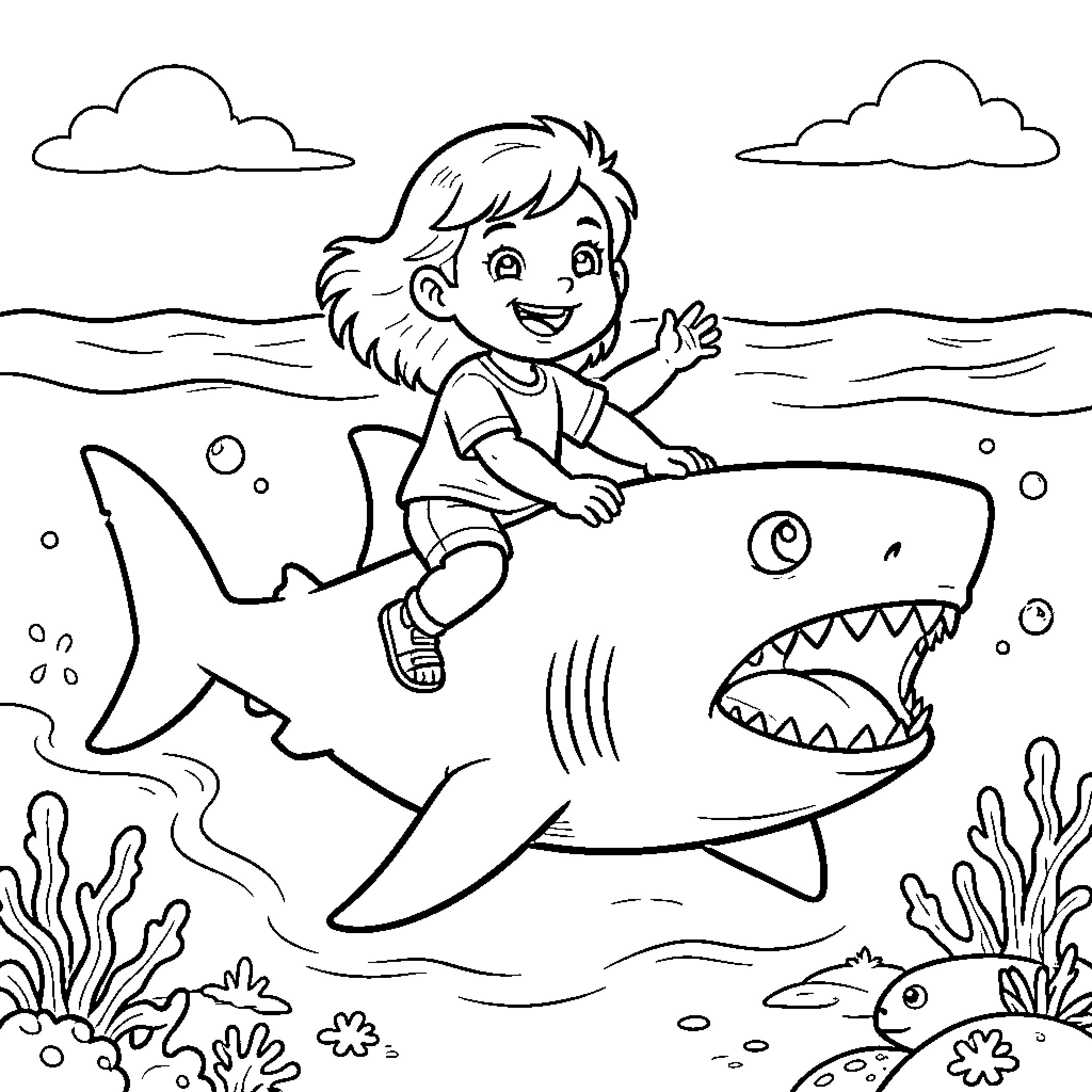 Shark being ridden by a happy young girl Coloring Page (free black-and-white line drawing printable PDF for all, from beginners to advanced learners, including children, teens, adults, and seniors)