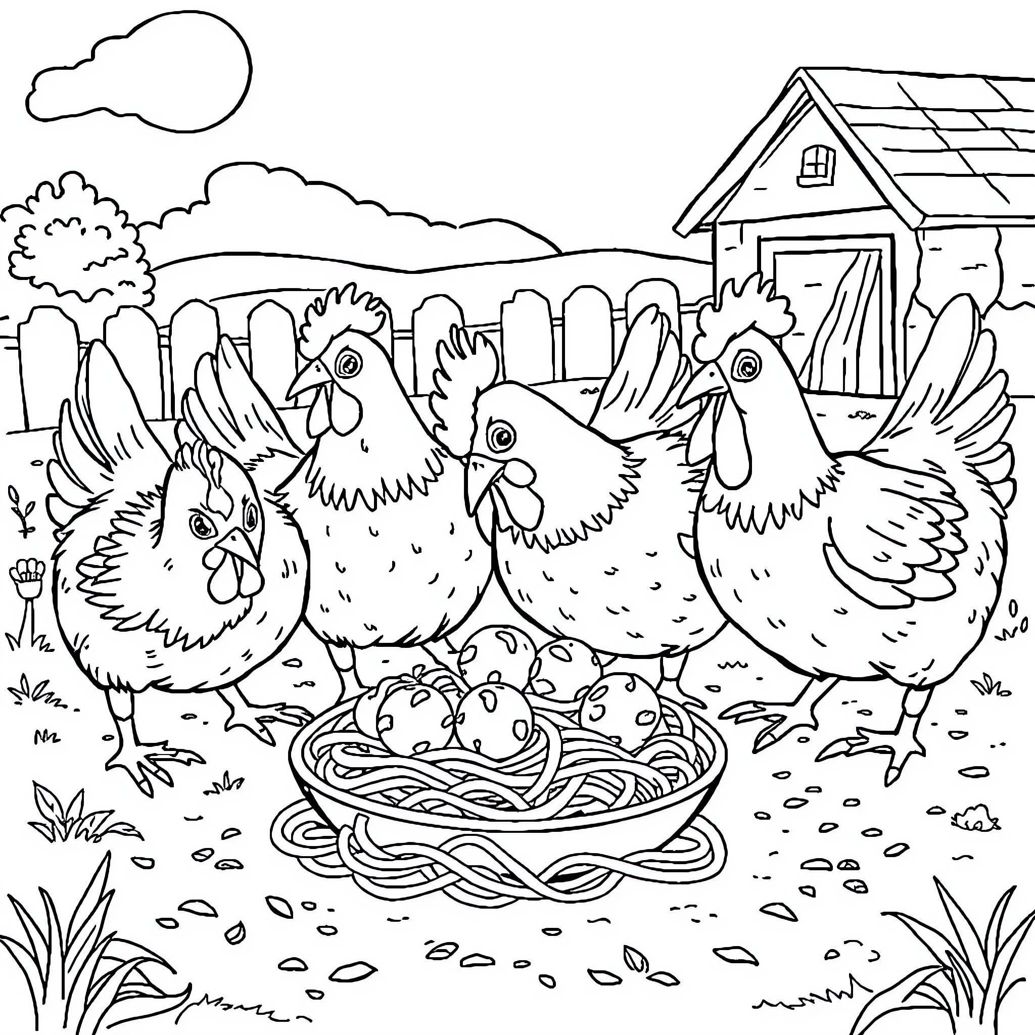 Chicken farm scene with chickens and nest Coloring Page (free black-and-white line drawing printable PDF for all, from beginners to advanced learners, including children, teens, adults, and seniors)