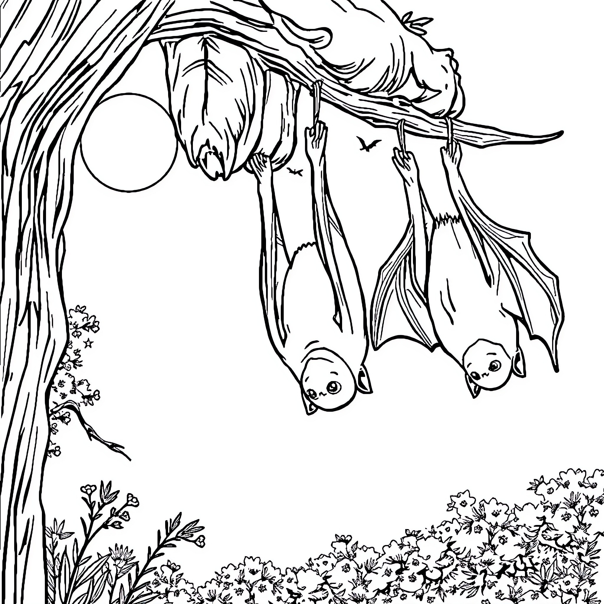 Bat resting peacefully in the moonlit forest Coloring Page (free black-and-white line drawing printable PDF for all, from beginners to advanced learners, including children, teens, adults, and seniors)