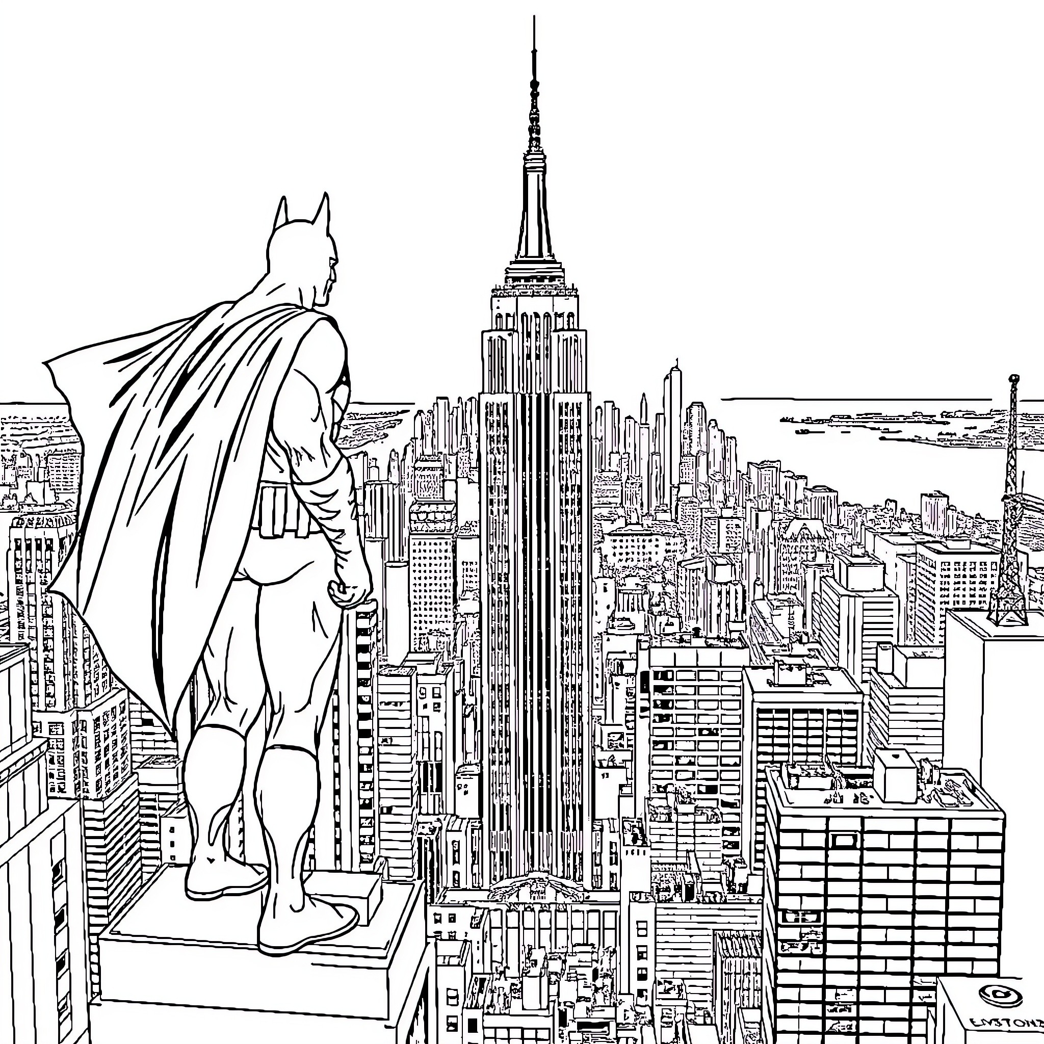 Batman overlooking the iconic Gotham City skyline Coloring Page (free black-and-white line drawing printable PDF for all, from beginners to advanced learners, including children, teens, adults, and seniors)