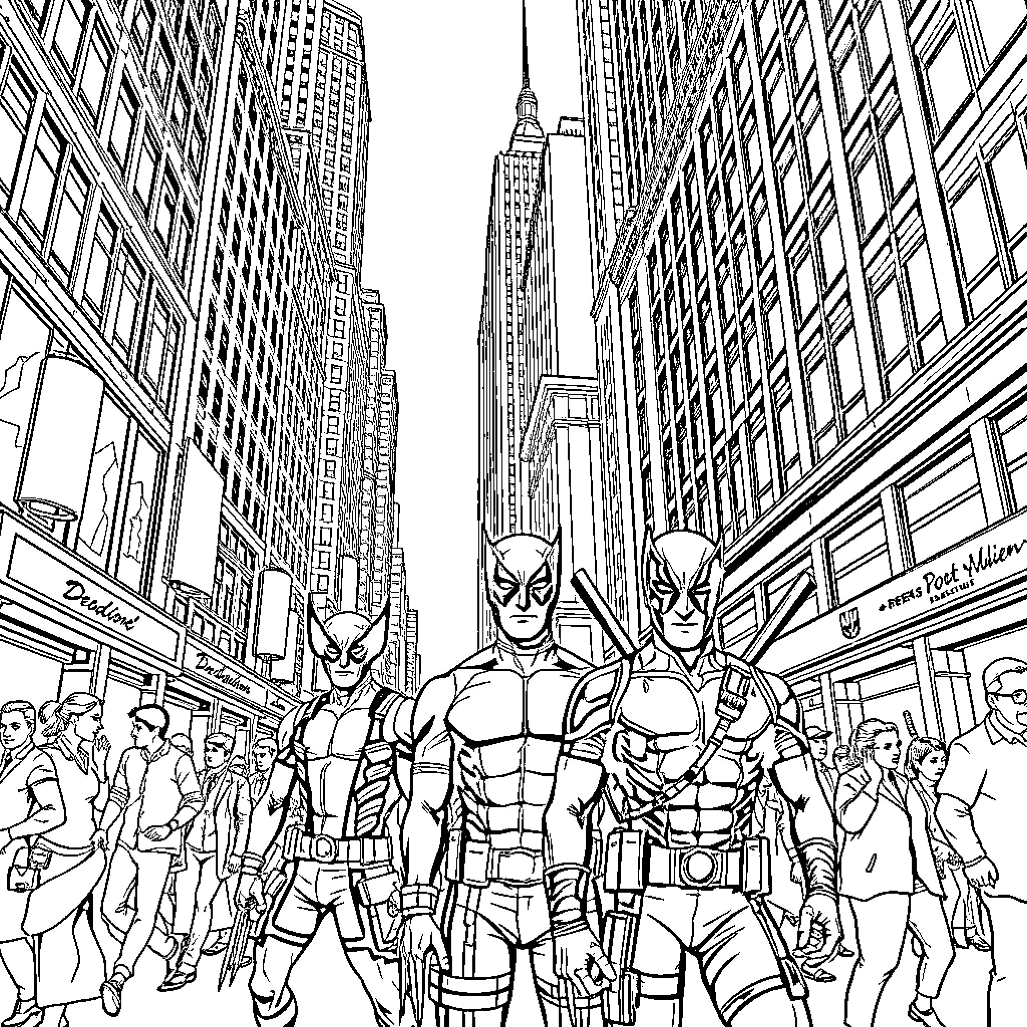 Wolverine and the X-Men heroes in the city Coloring Page (free black-and-white line drawing printable PDF for all, from beginners to advanced learners, including children, teens, adults, and seniors)