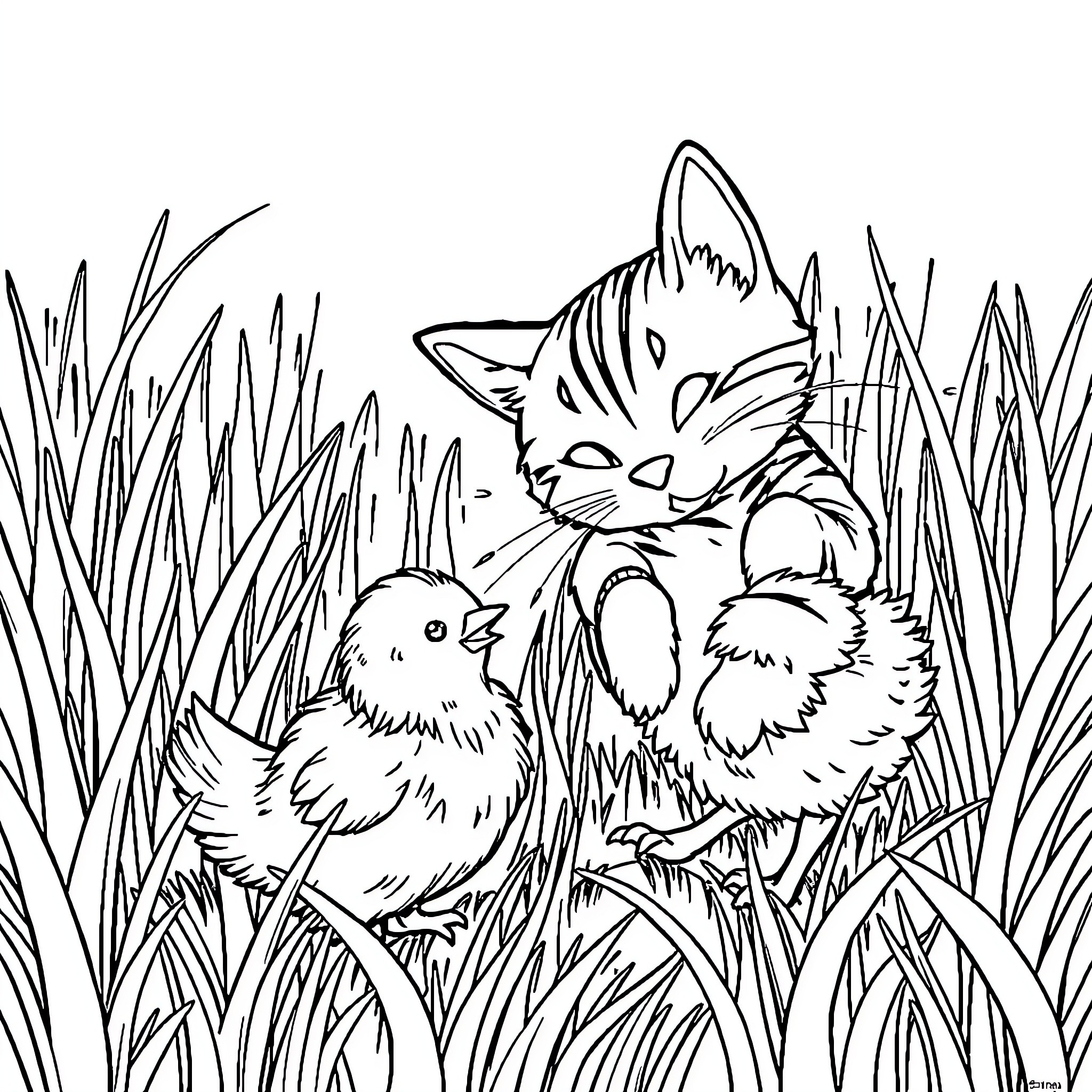 Cat playing with chicks in the grass Coloring Page (free black-and-white line drawing printable PDF for all, from beginners to advanced learners, including children, teens, adults, and seniors)