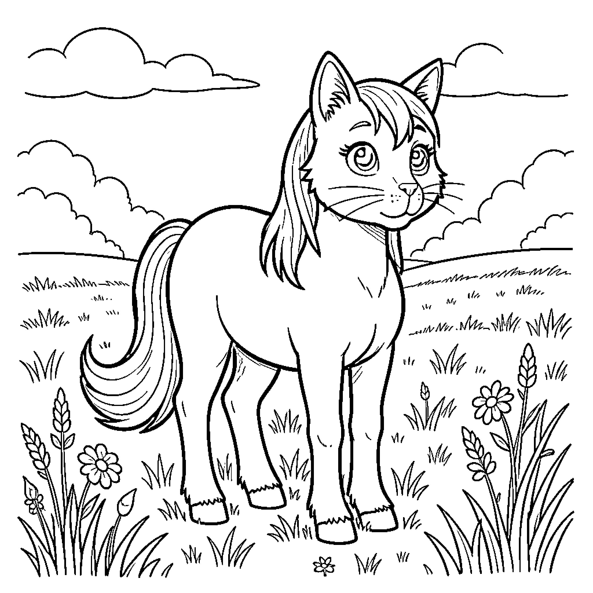 Pony cat standing amidst wildflowers in a meadow Coloring Page (free black-and-white line drawing printable PDF for all, from beginners to advanced learners, including children, teens, adults, and seniors)