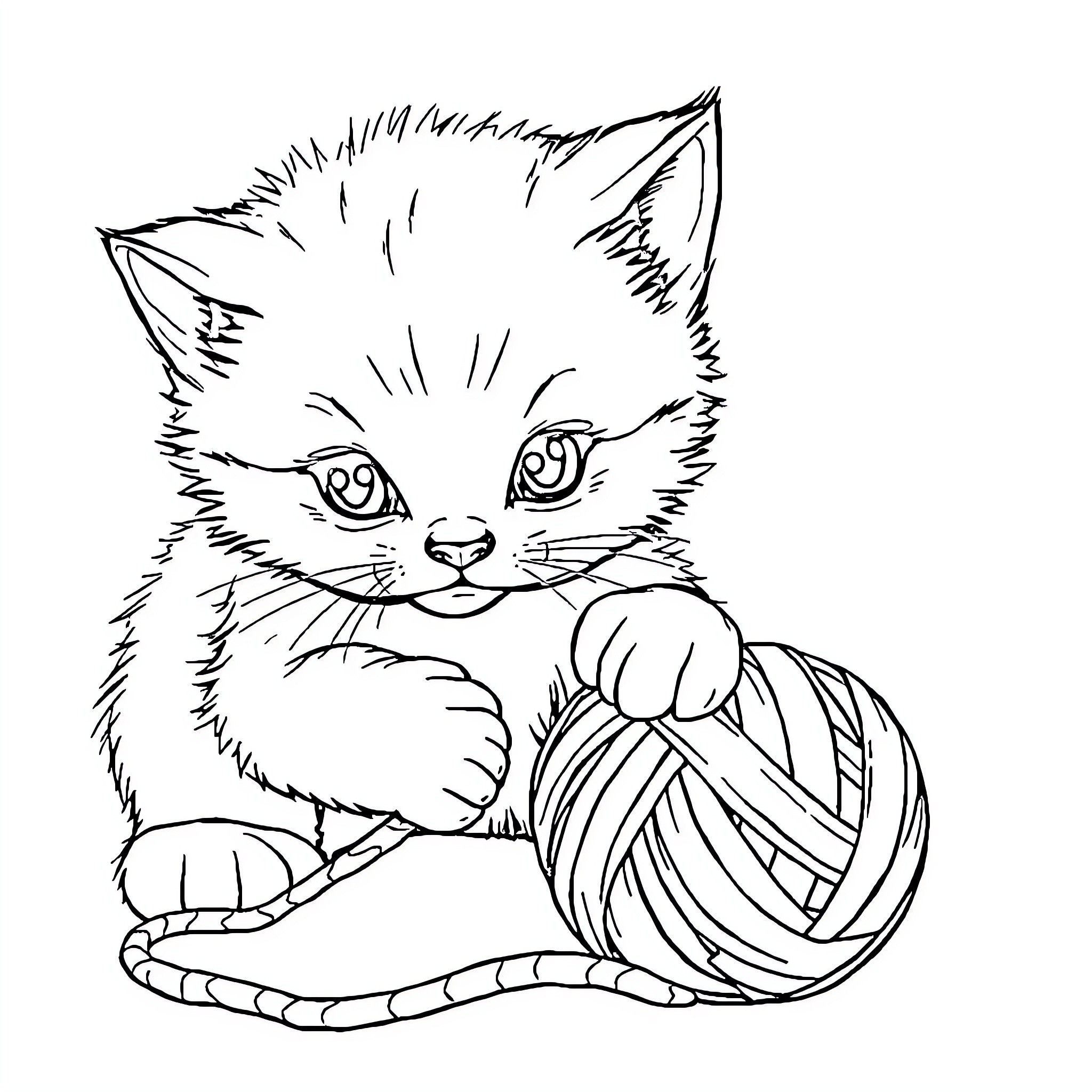 Kitten playing with yarn ball Coloring Page (free black-and-white line drawing printable PDF for all, from beginners to advanced learners, including children, teens, adults, and seniors)