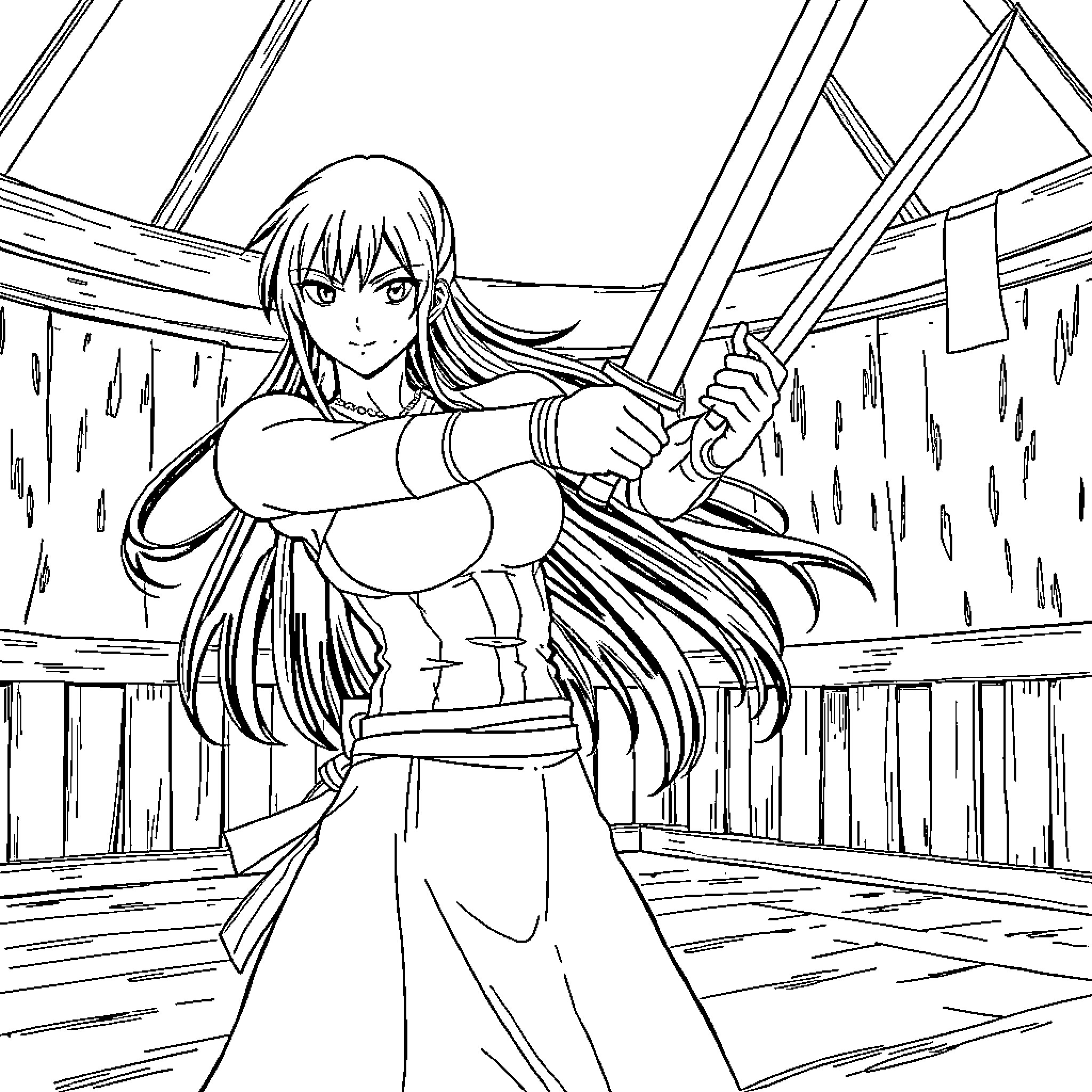 Erza wielding a sword on a damaged battlefield Coloring Page (free black-and-white line drawing printable PDF for all, from beginners to advanced learners, including children, teens, adults, and seniors)