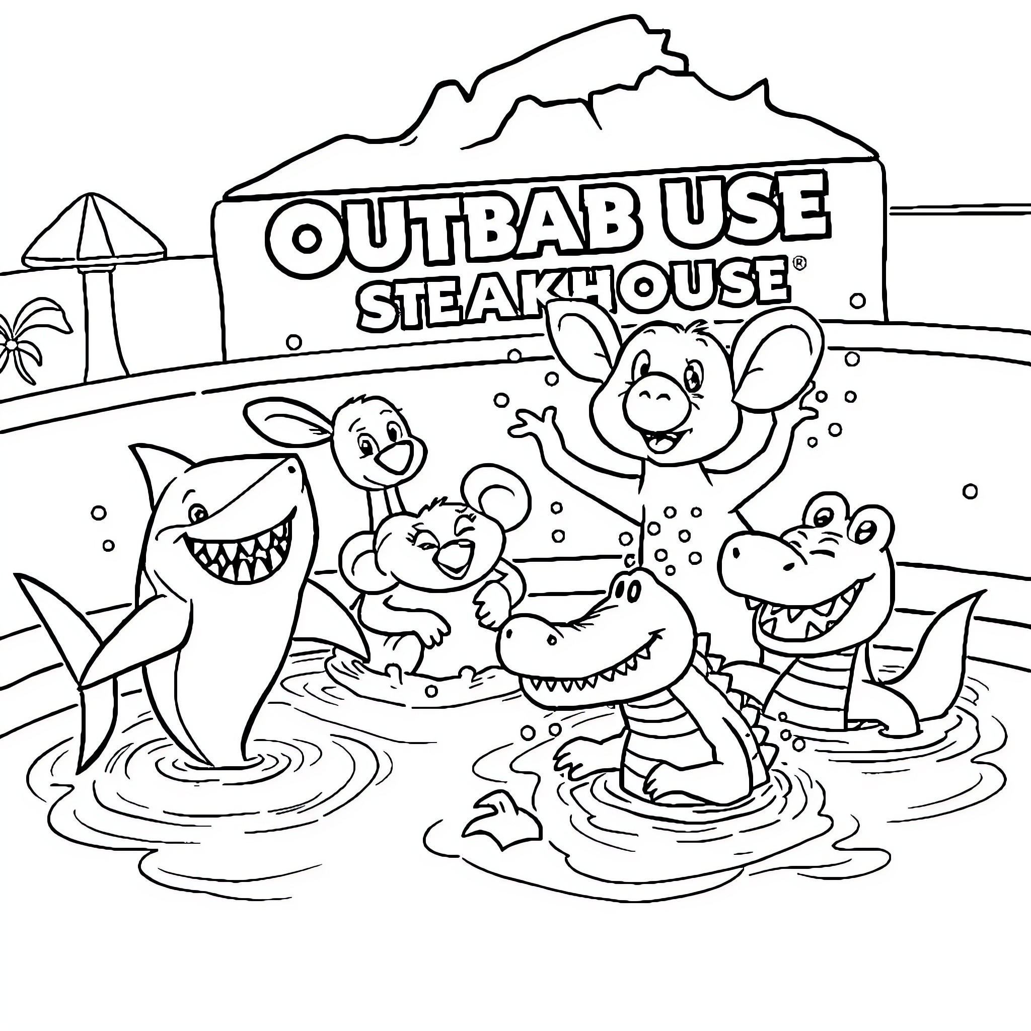 Sharks playing happily at Outback Steakhouse Coloring Page (free black-and-white line drawing printable PDF for all, from beginners to advanced learners, including children, teens, adults, and seniors)
