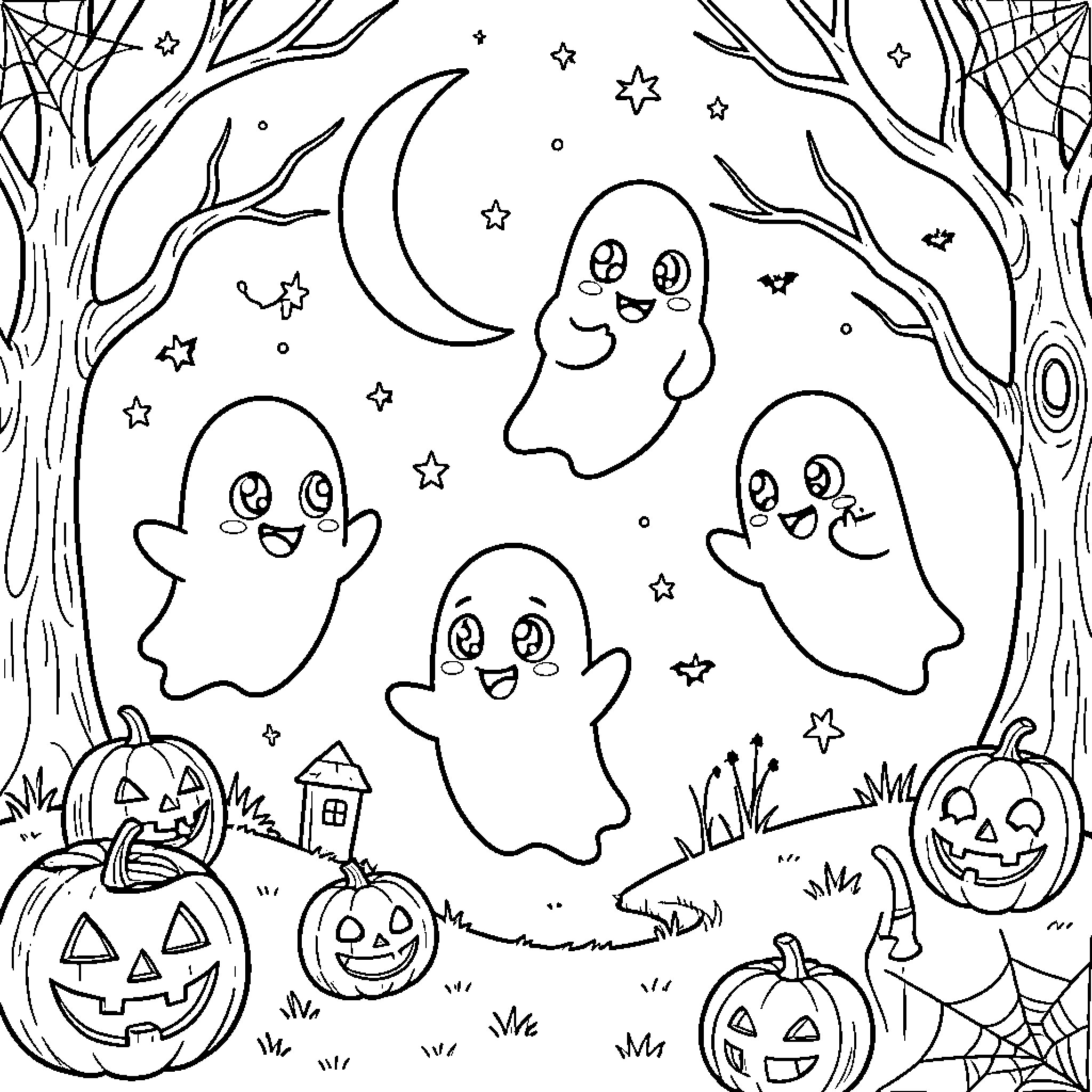 Ghost characters floating happily among pumpkins and stars Coloring Page (free black-and-white line drawing printable PDF for all, from beginners to advanced learners, including children, teens, adults, and seniors)