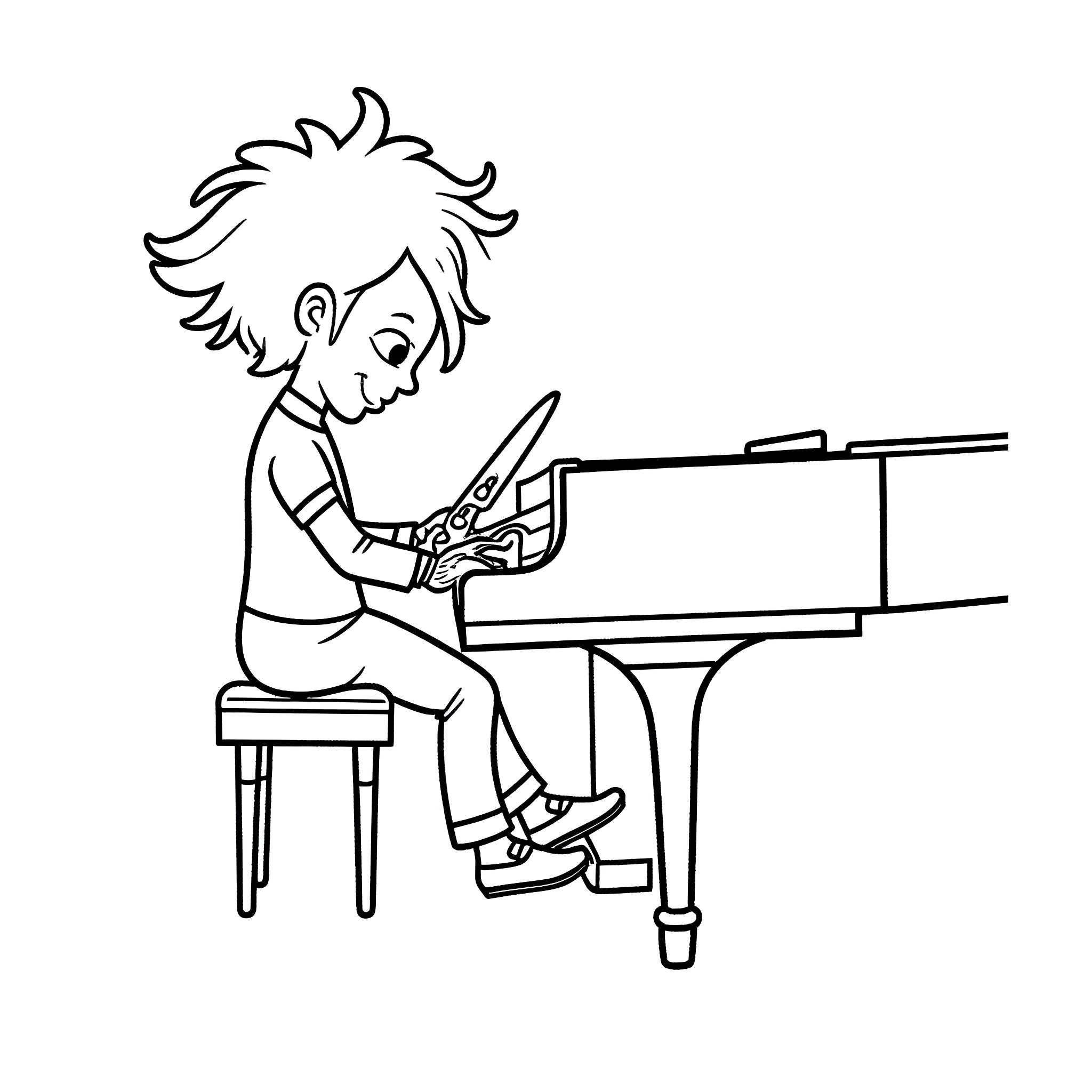 Edward Scissorhands playing the piano with concentration Coloring Page (free black-and-white line drawing printable PDF for all, from beginners to advanced learners, including children, teens, adults, and seniors)