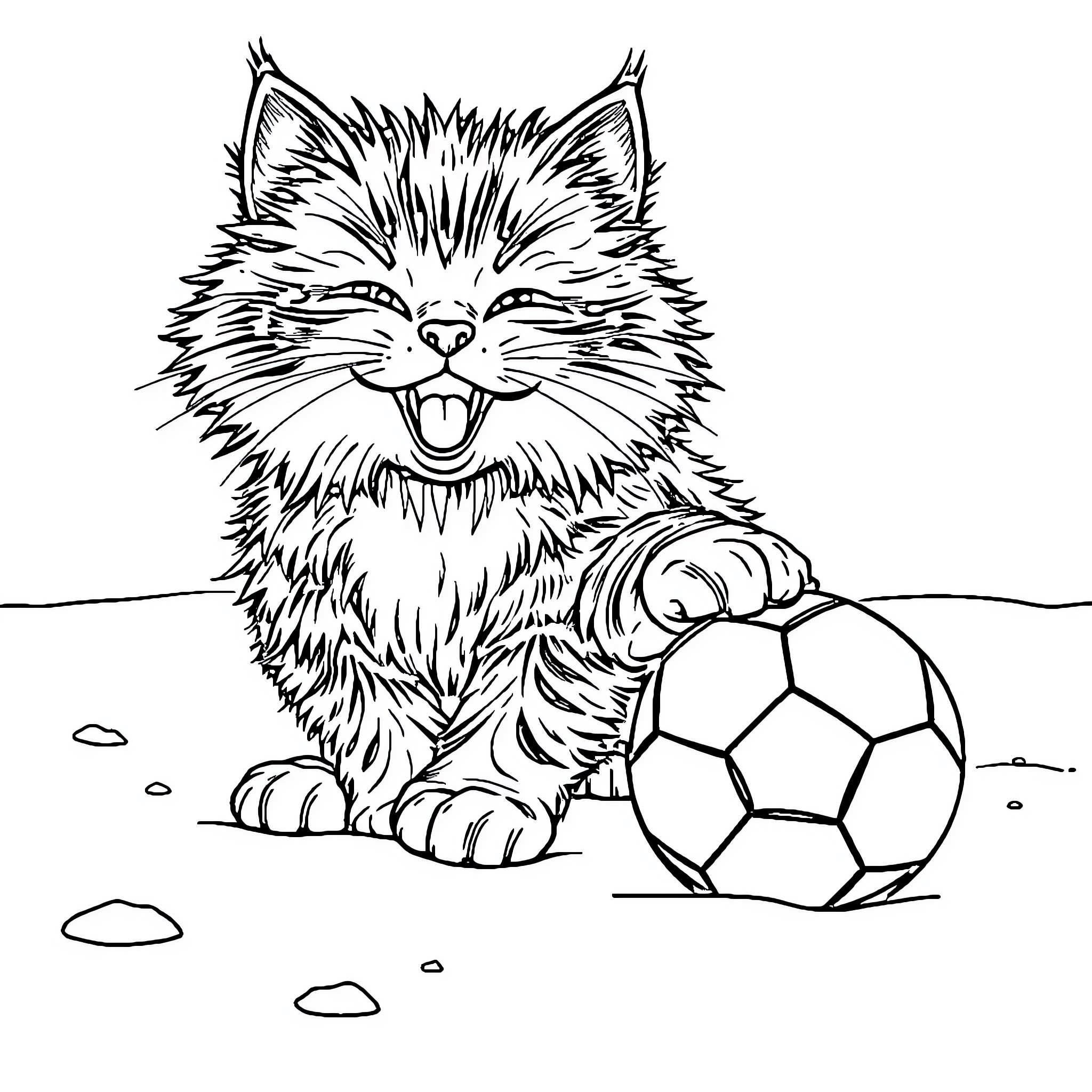 Cat playing with soccer ball Coloring Page (free black-and-white line drawing printable PDF for all, from beginners to advanced learners, including children, teens, adults, and seniors)