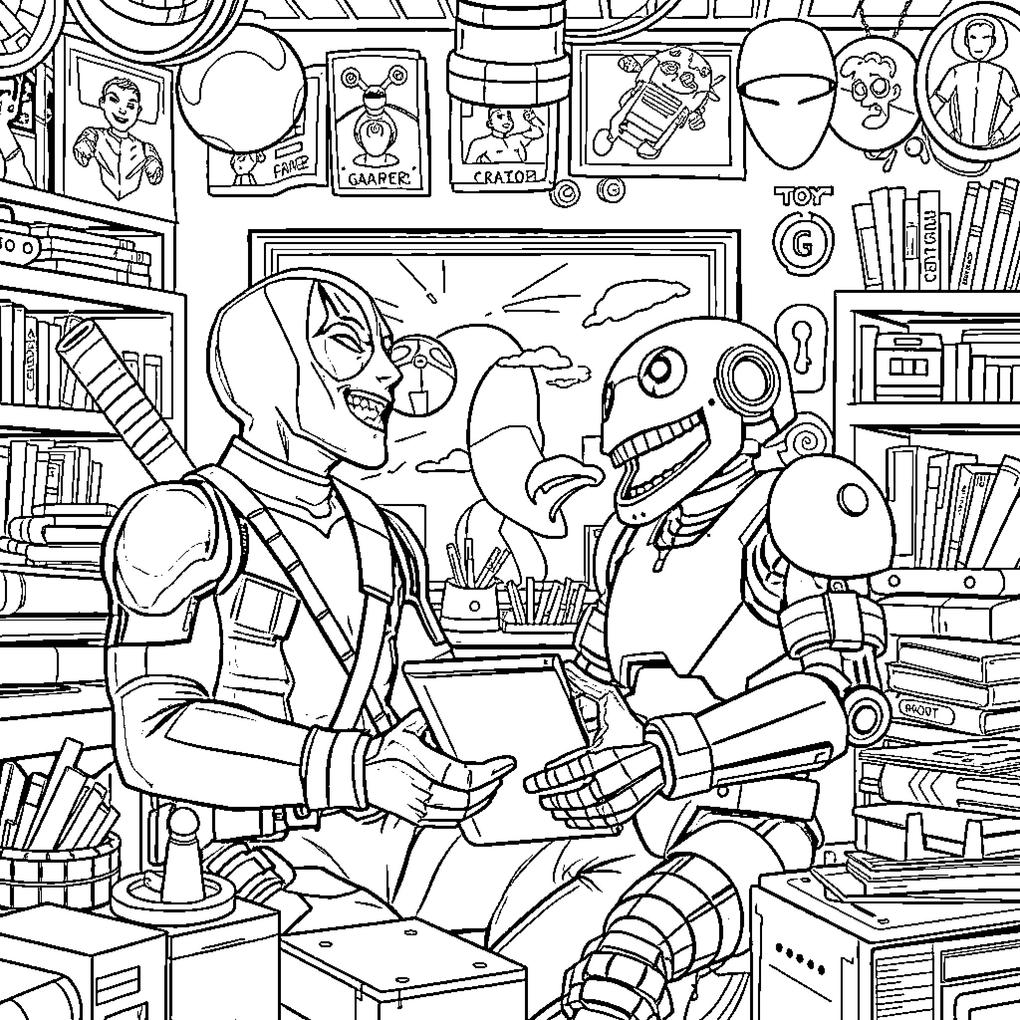 Deadpool and Robot Engage in Playful Interaction Coloring Page (free black-and-white line drawing printable PDF for all, from beginners to advanced learners, including children, teens, adults, and seniors)