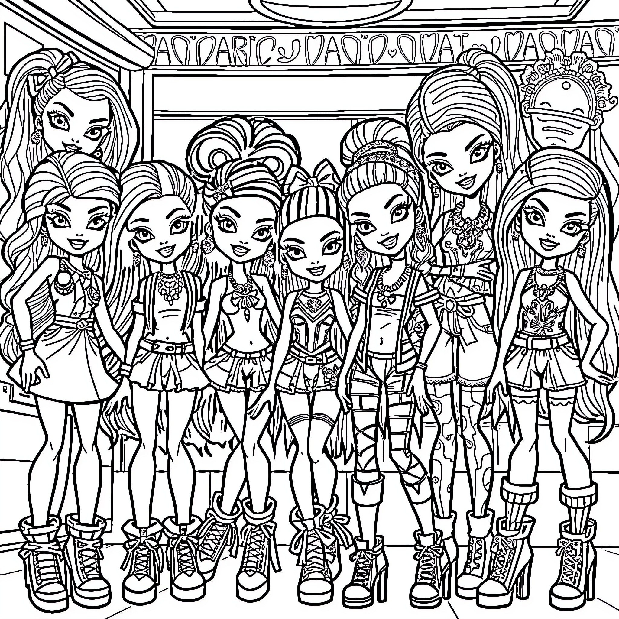 Bratz girls posing together in colorful outfits Coloring Page (free black-and-white line drawing printable PDF for all, from beginners to advanced learners, including children, teens, adults, and seniors)