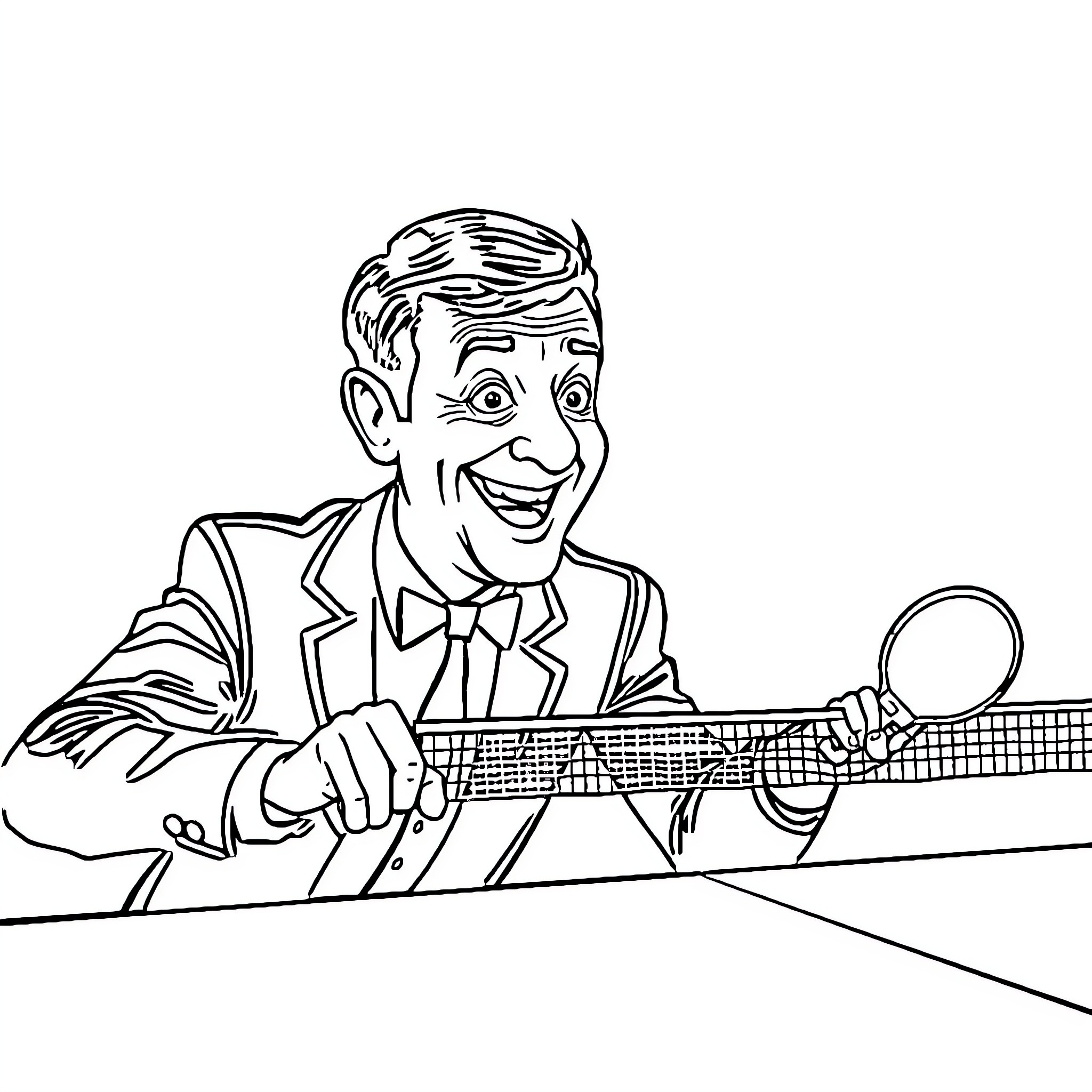 Mr Bean Playing Tennis Happily on the Court Coloring Page (free black-and-white line drawing printable PDF for all, from beginners to advanced learners, including children, teens, adults, and seniors)